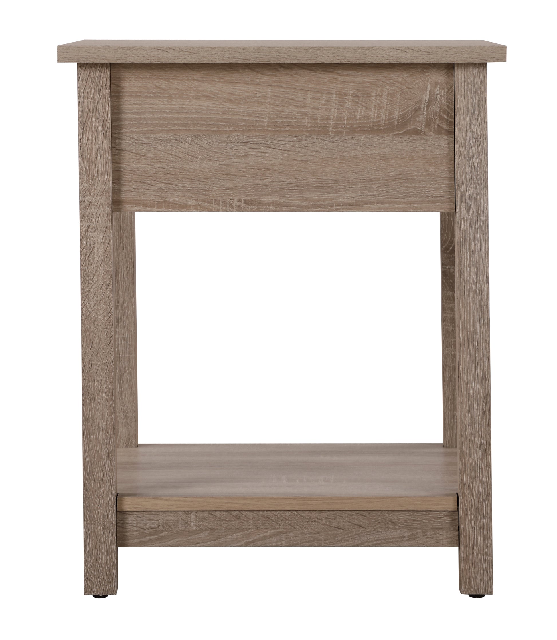 Light brown wooden bedside table with open shelf and drawer detail