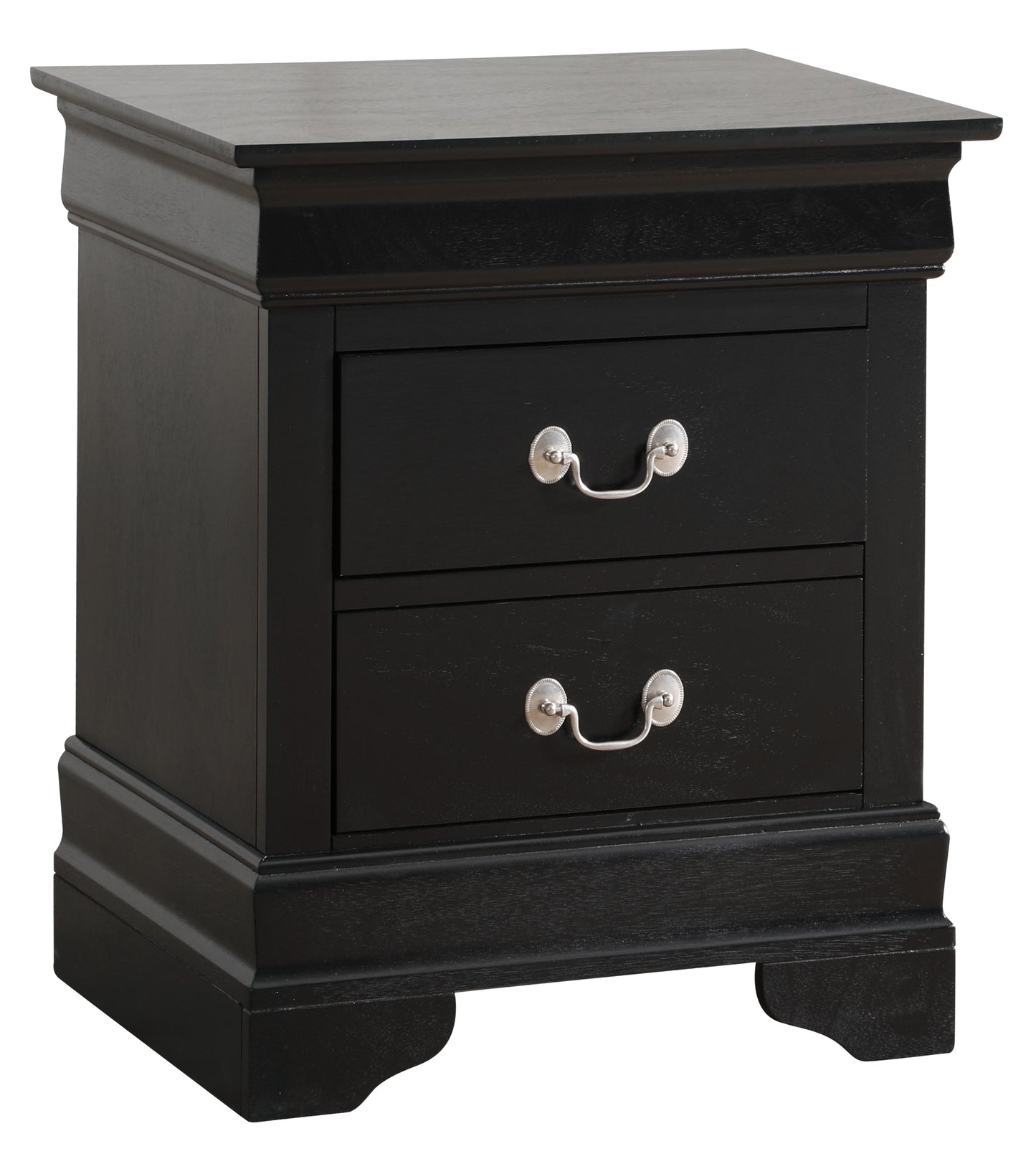Black twodrawer nightstand with silver pull handles and ornate base