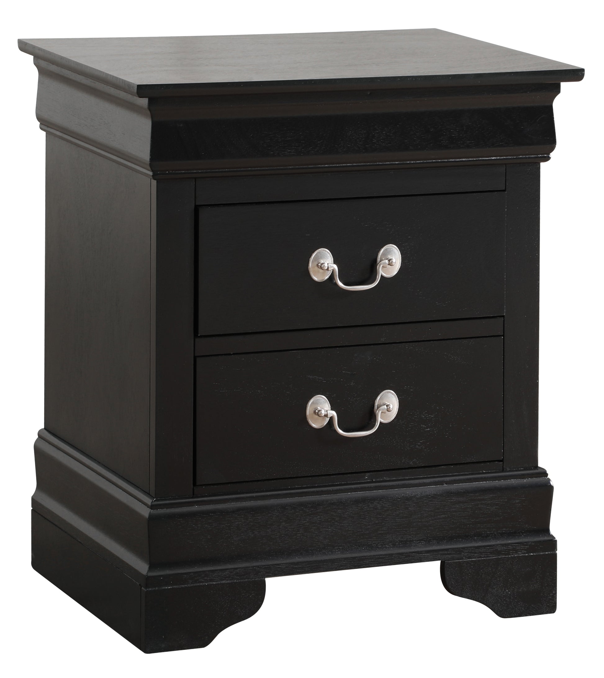 Black twodrawer nightstand with silver pull handles and ornate base
