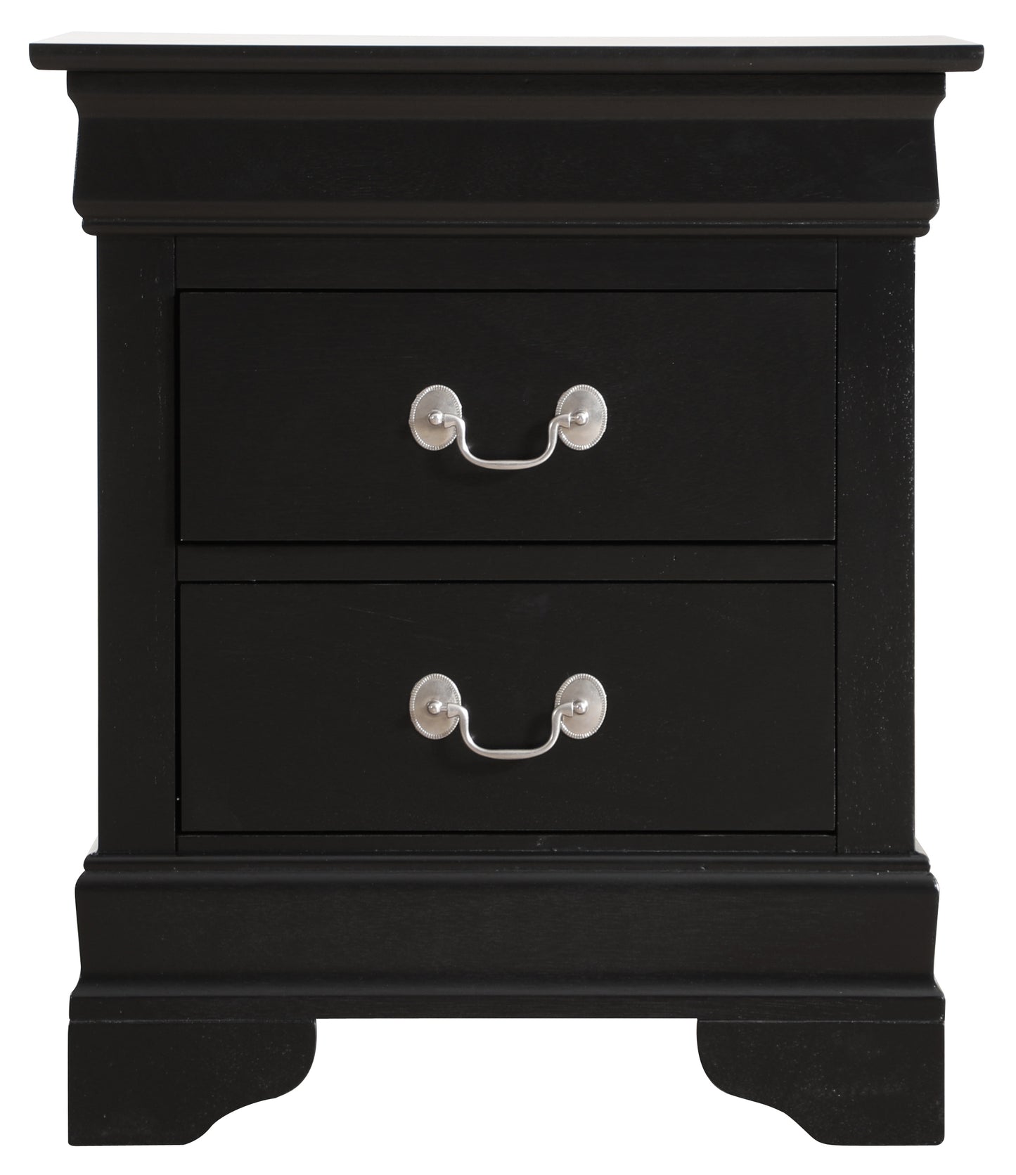 Black twodrawer nightstand with silver pull handles and a distressed finish