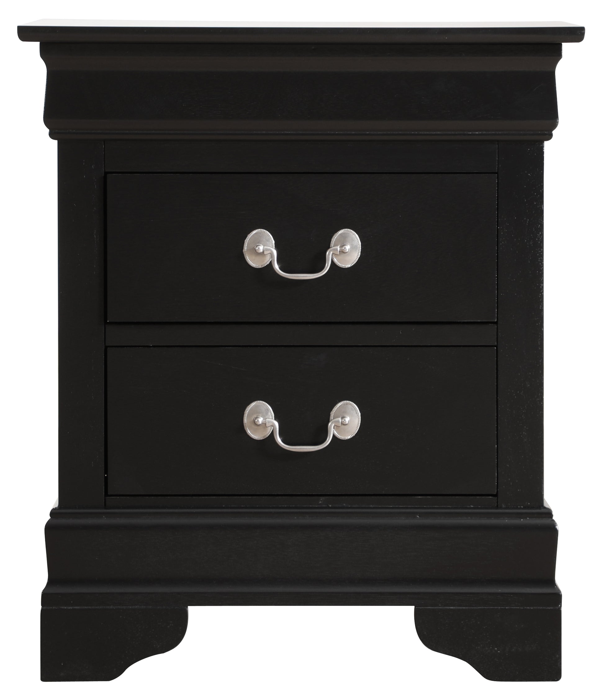 Black twodrawer nightstand with silver pull handles and a distressed finish
