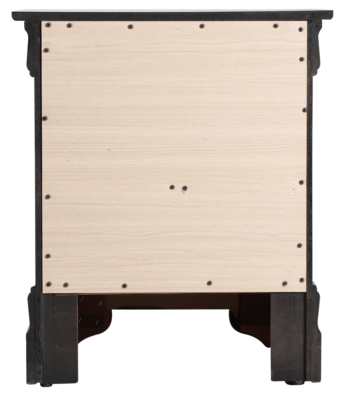 Back panel of a dark wood nightstand with light wood veneer and exposed screws