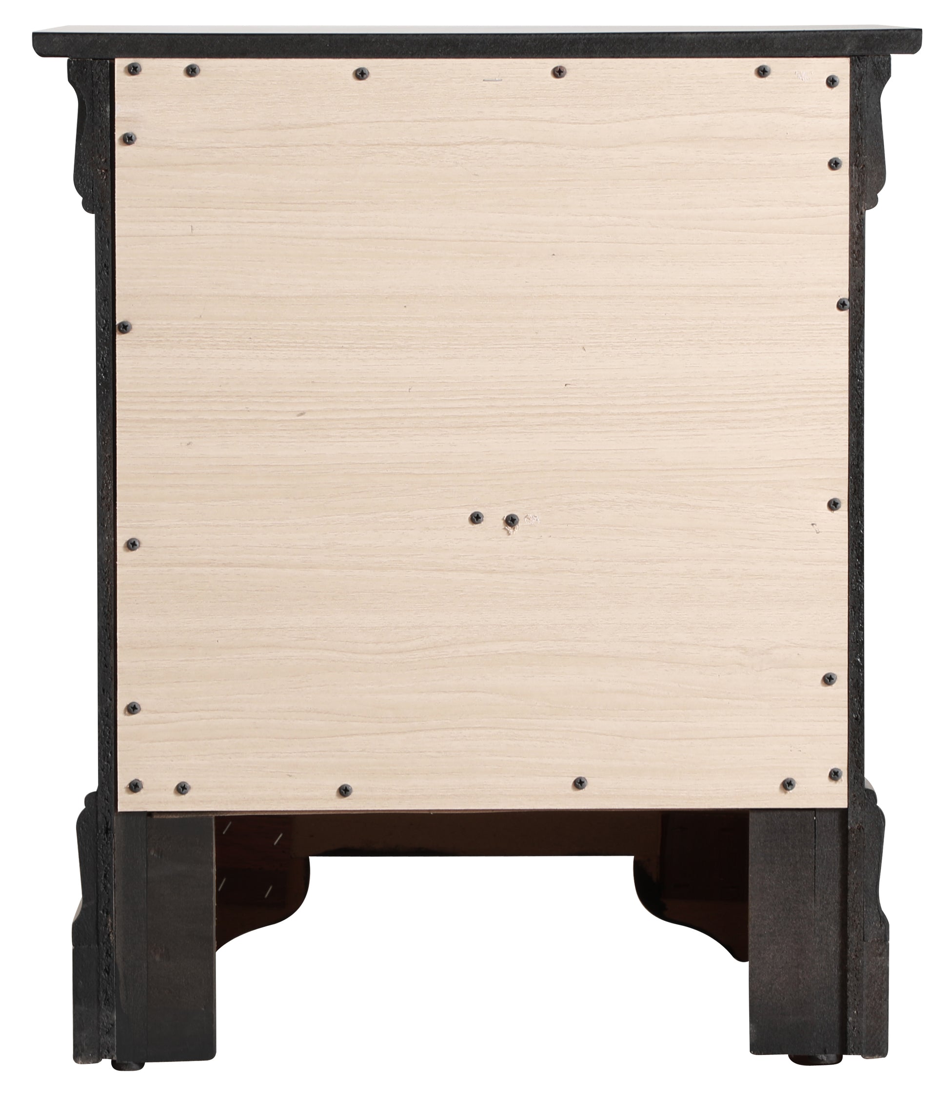 Back panel of a dark wood nightstand with light wood veneer and exposed screws