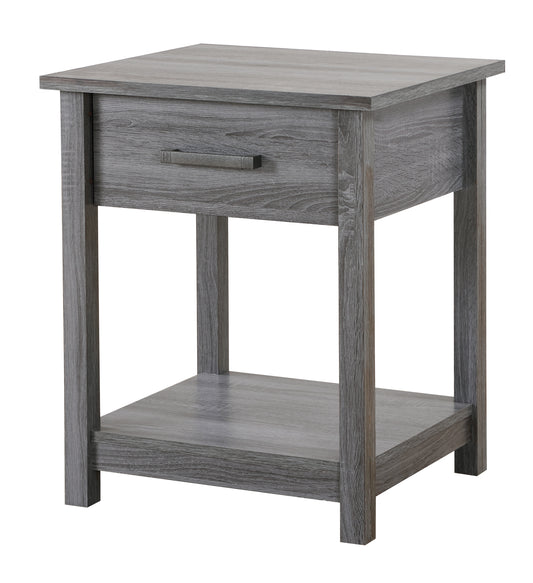 Grey wood grain end table with one drawer and open bottom shelf Modern nightstand for bedroom storage