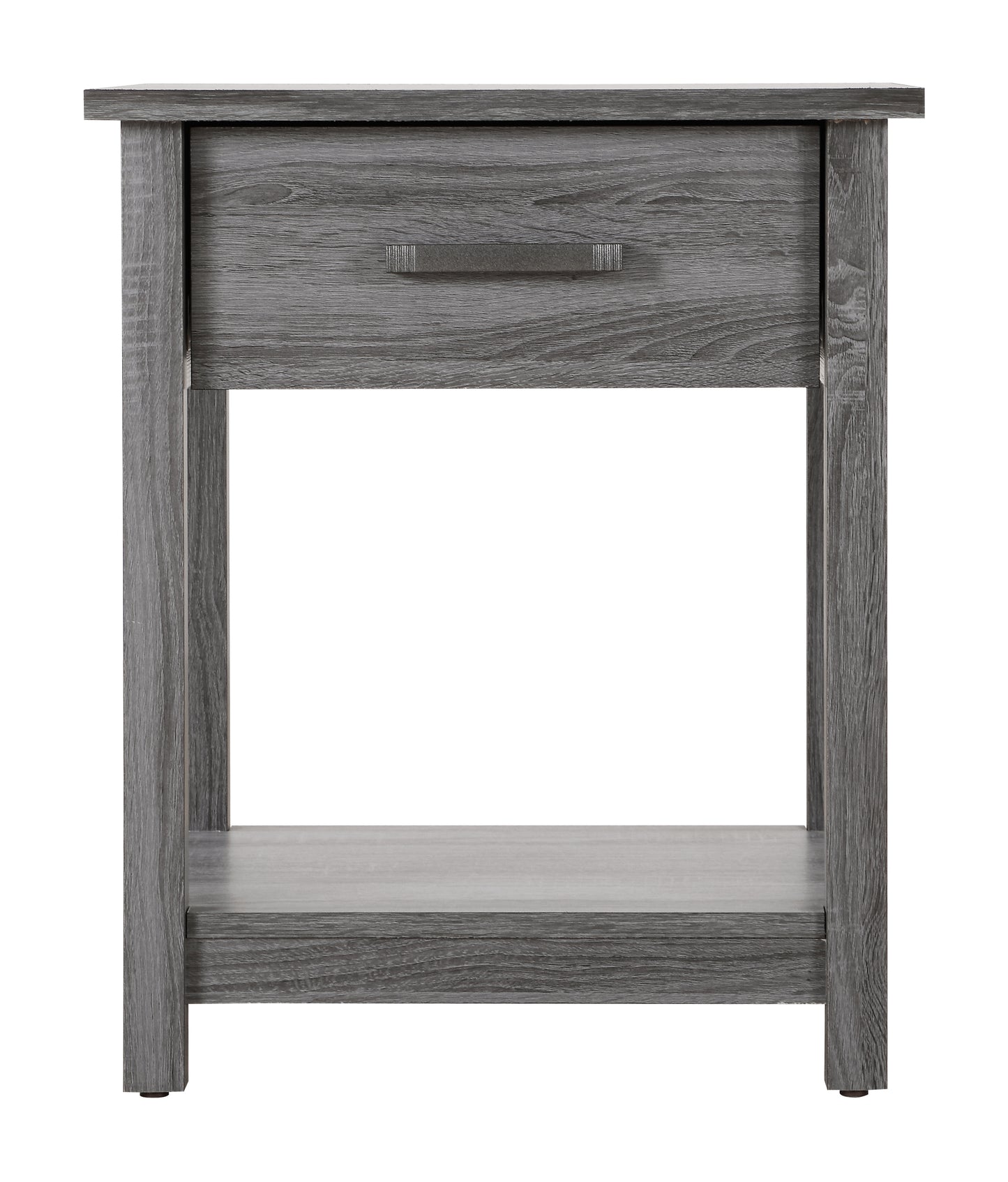 Gray wood grain nightstand with one drawer and open shelf