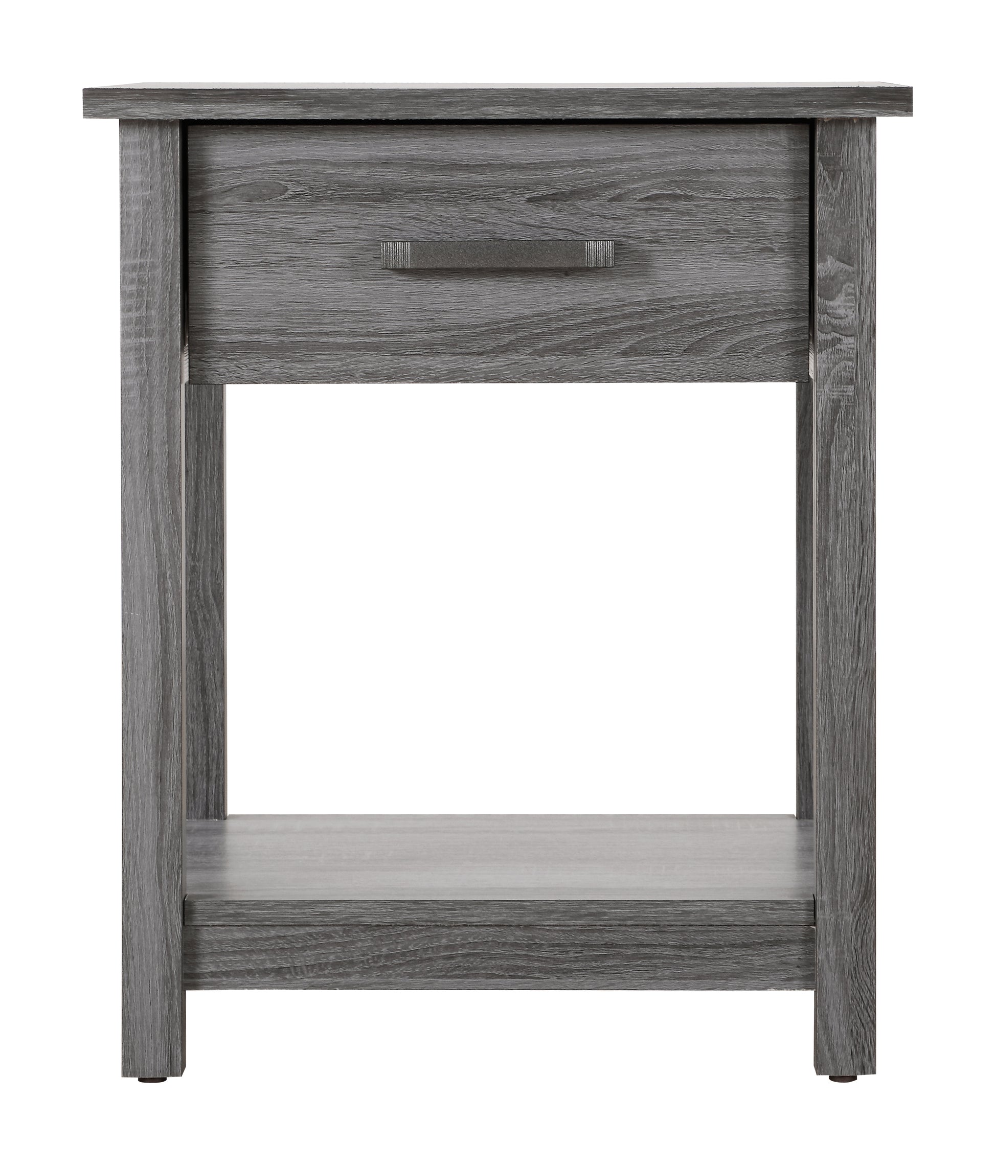 Gray wood grain nightstand with one drawer and open shelf