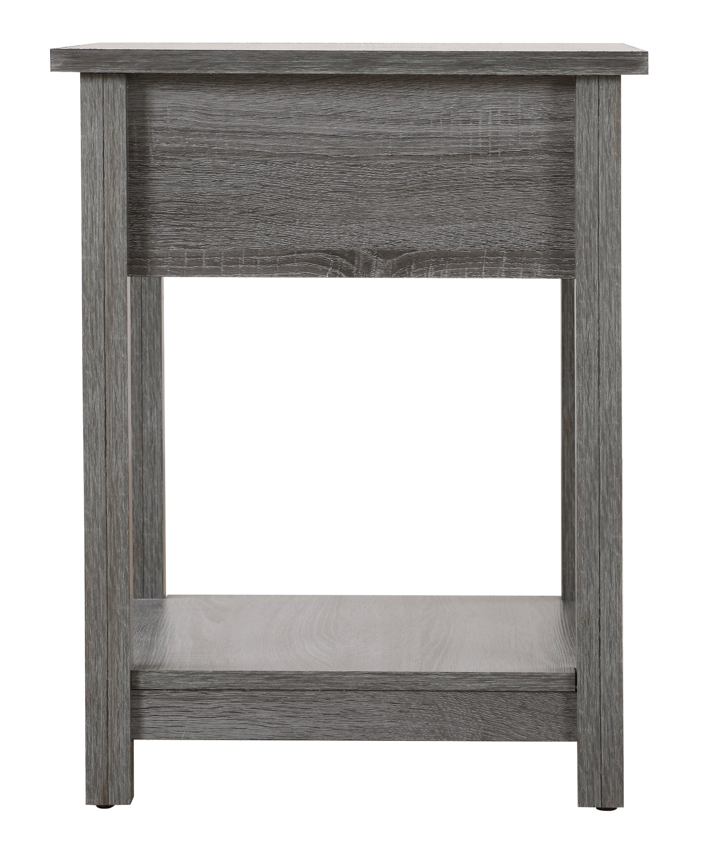 Gray faux wood end table with an open shelf for storage