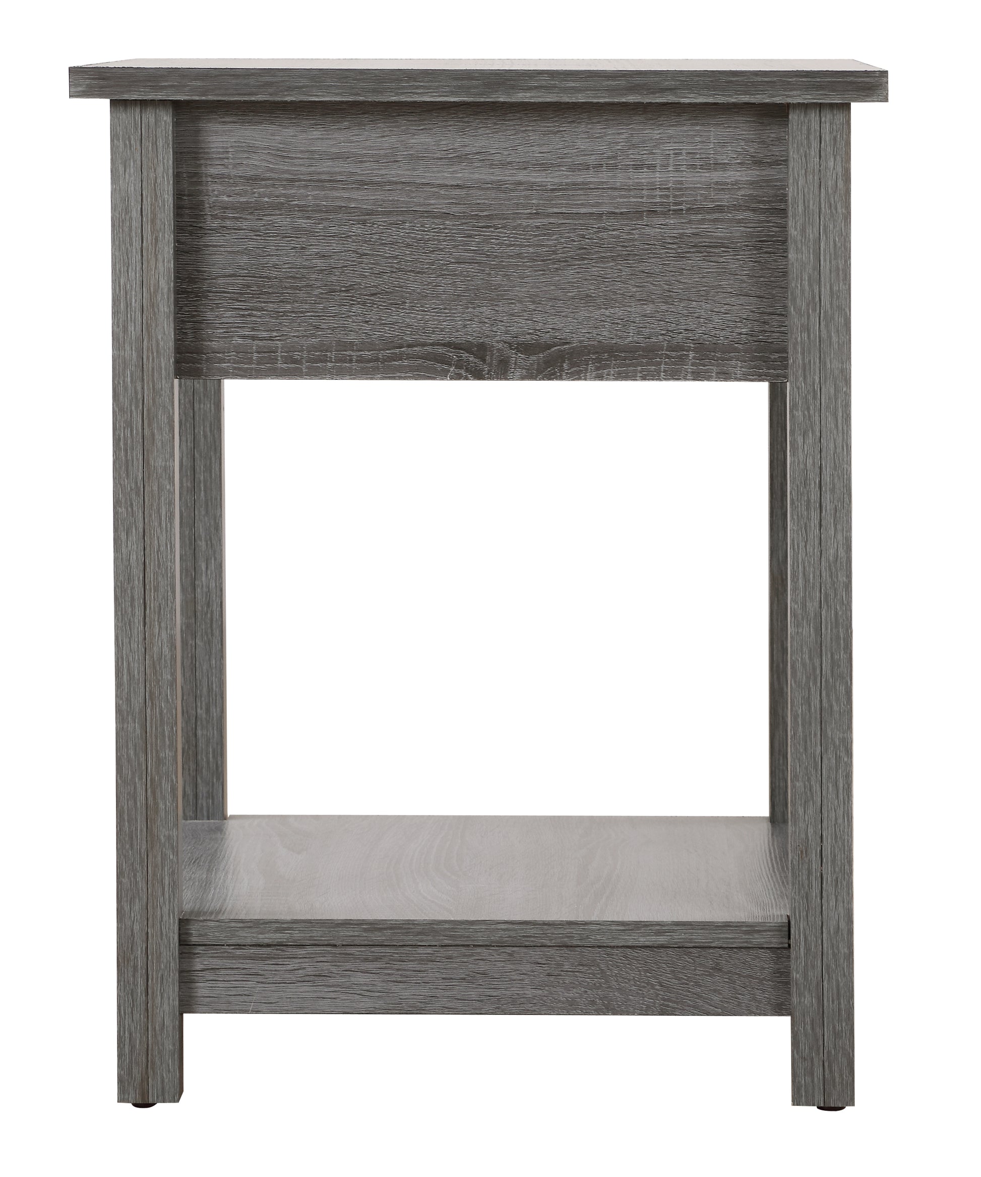 Gray faux wood end table with an open shelf for storage