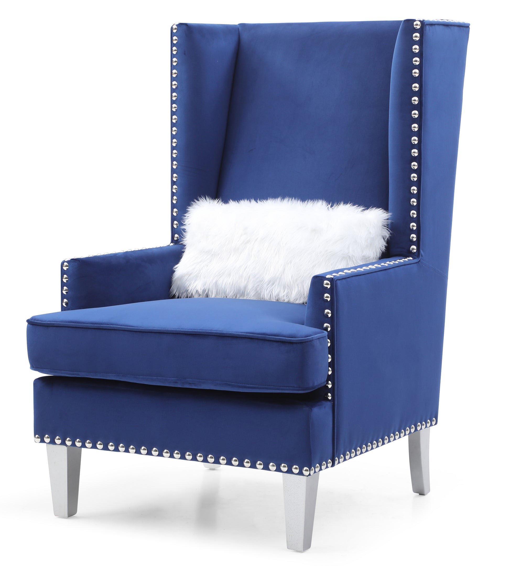 Royal blue velvet wingback accent chair with silver nailhead trim