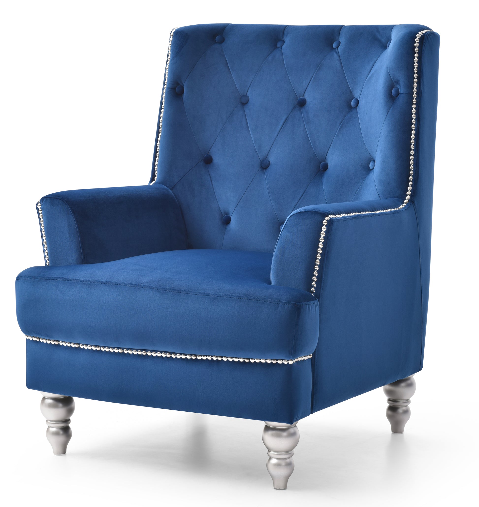 Deep blue velvet armchair with tufted back and silver nailhead trim