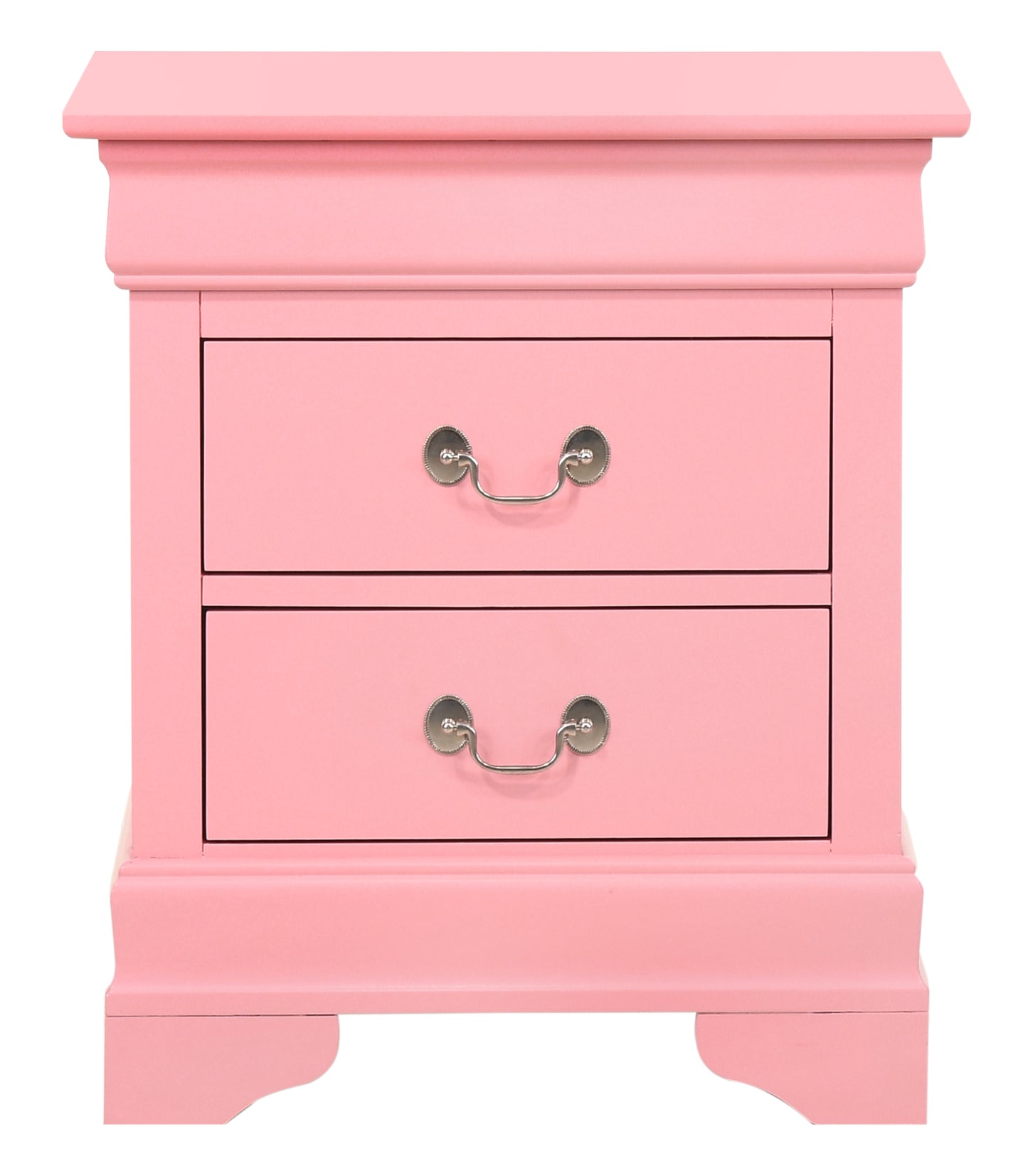 Pink twodrawer nightstand with decorative molding and silver pulls