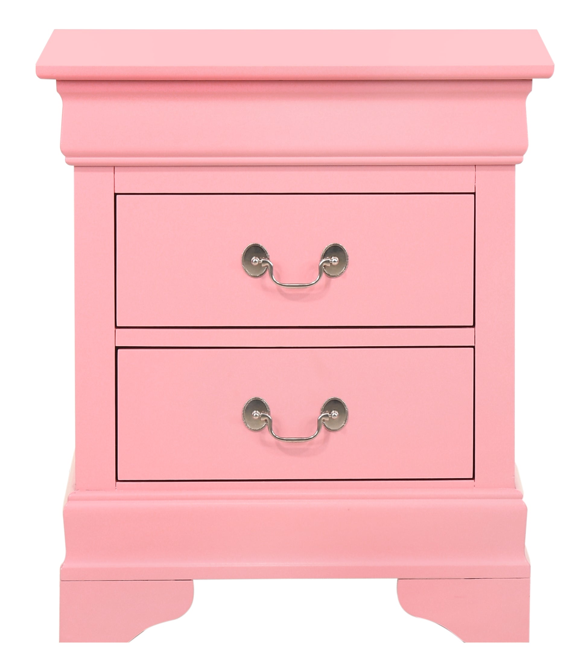 Pink twodrawer nightstand with decorative molding and silver pulls