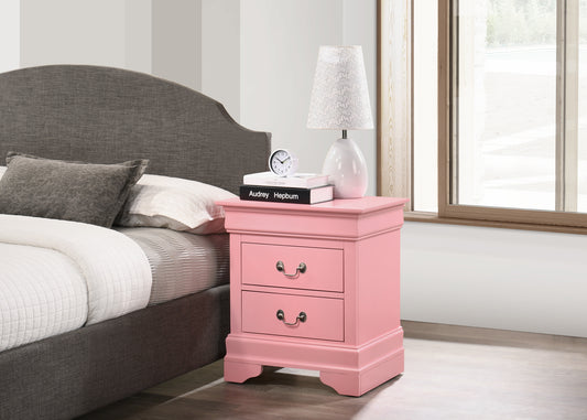 Pink bedside table with two drawers silver hardware and classic molding