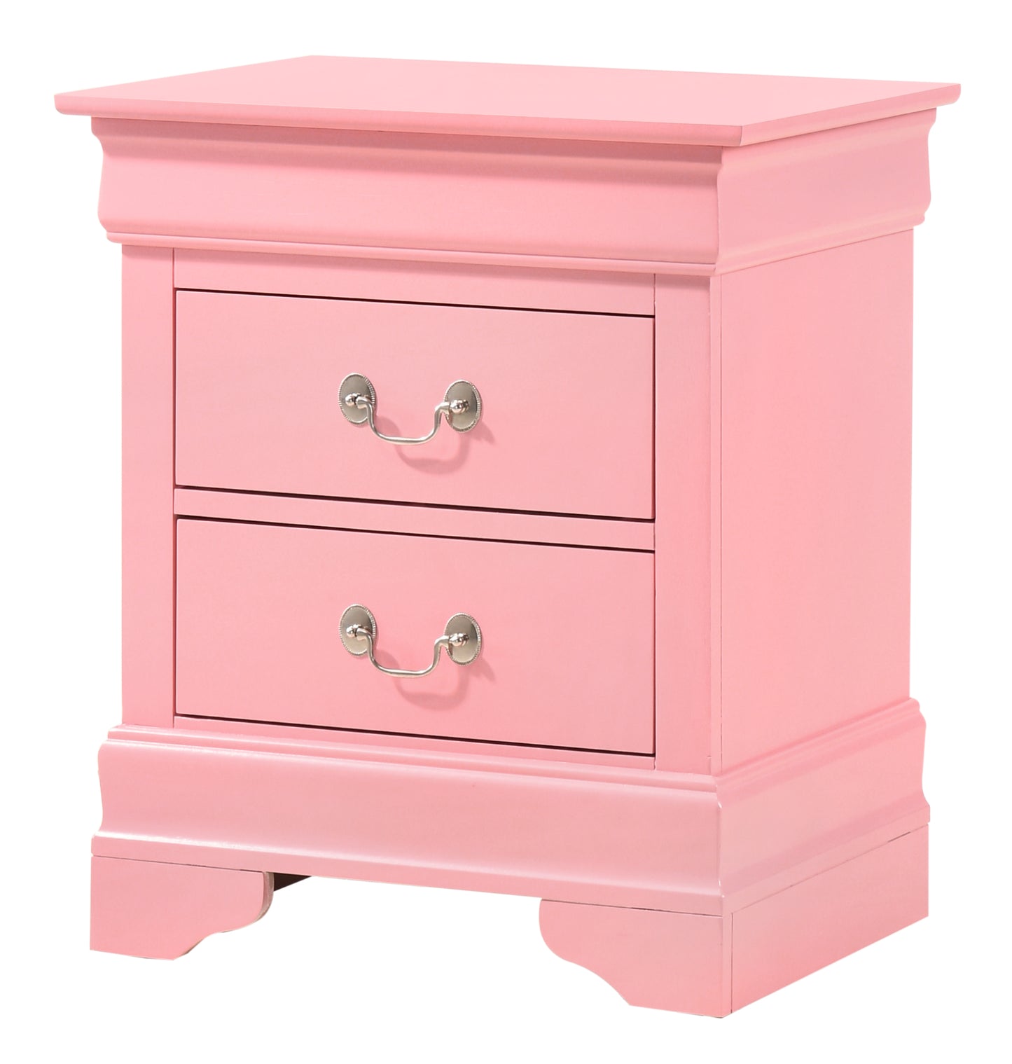 Classic pink twodrawer nightstand with decorative silver pulls and elegant molding