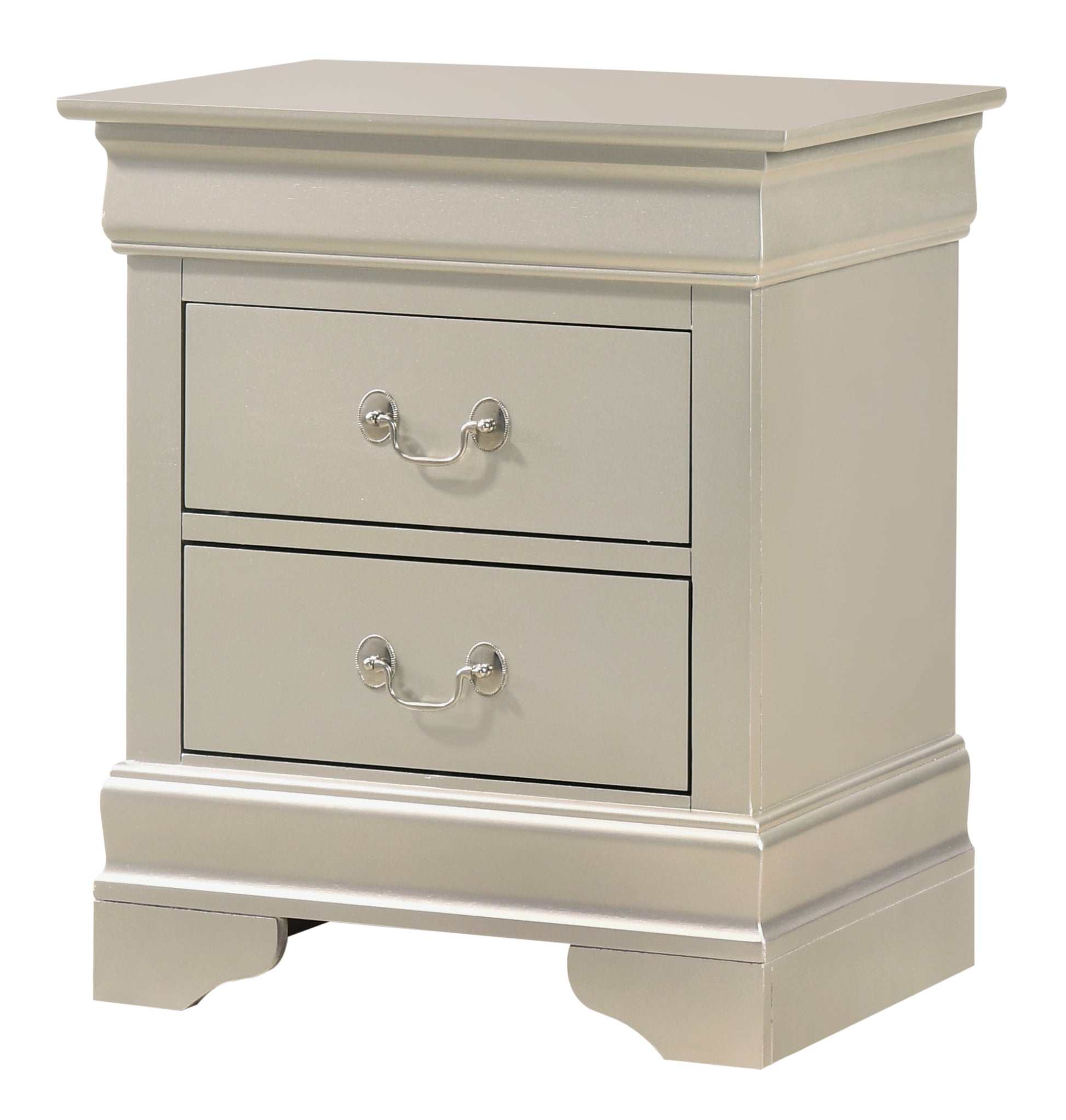 Sleek silver twodrawer nightstand with decorative silver pulls and elegant molding