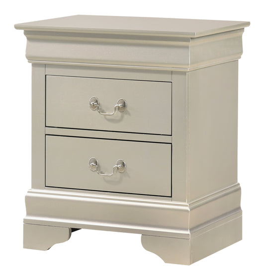Sleek silver twodrawer nightstand with decorative silver pulls and elegant molding