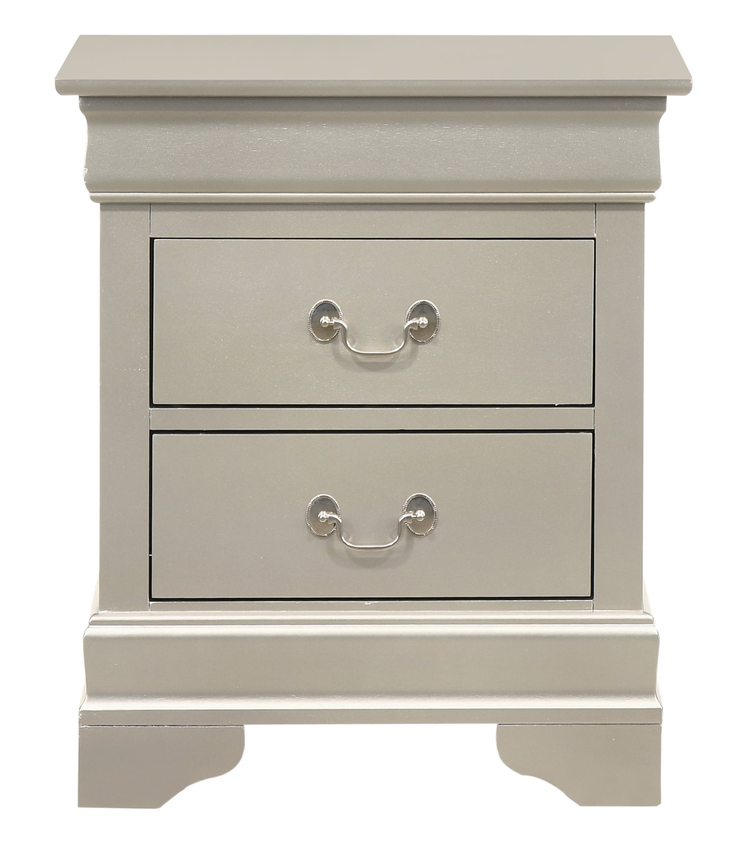 Gray twodrawer nightstand with silver pull handles and a curved base