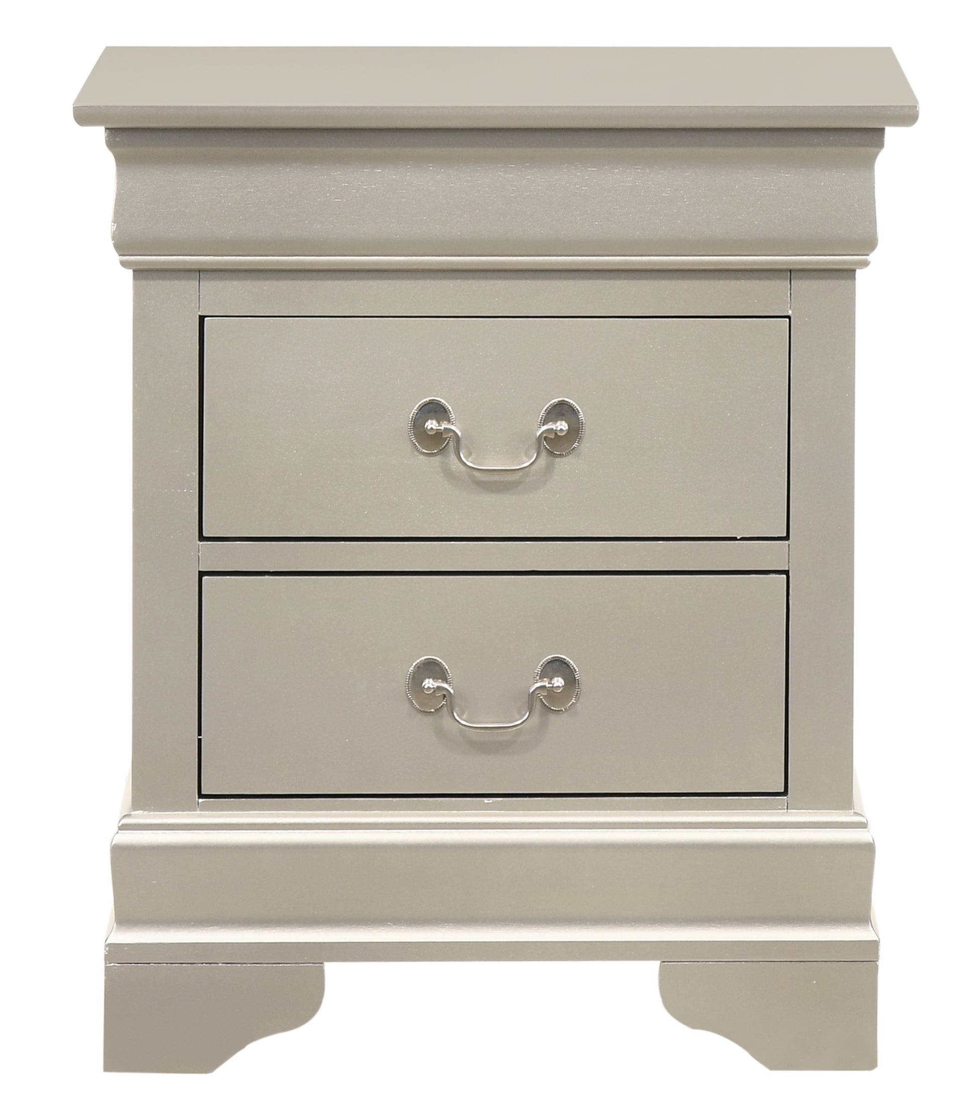 Gray twodrawer nightstand with silver pull handles and a curved base