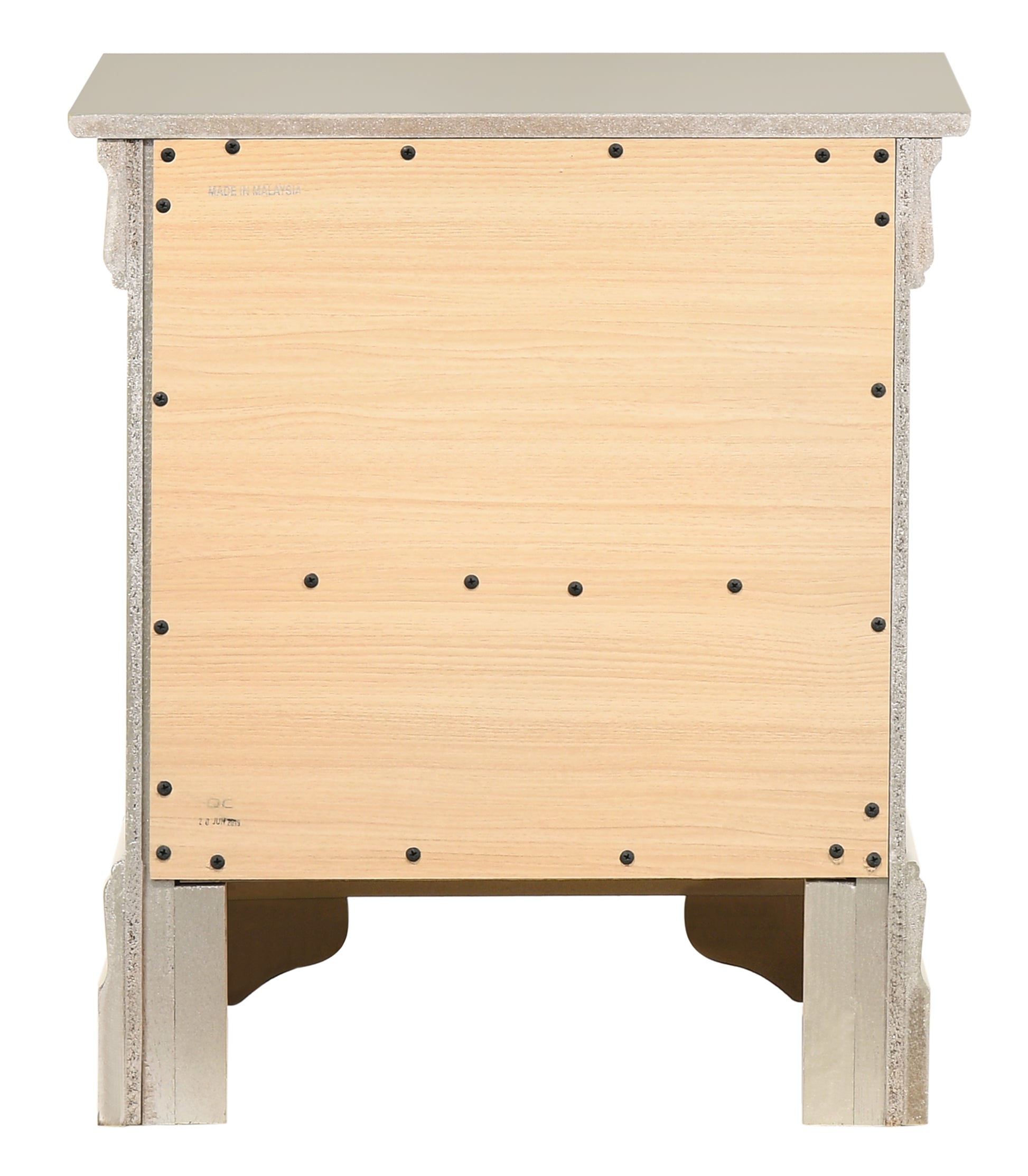 Back view of a distressed wood nightstand with natural wood paneling and visible screws