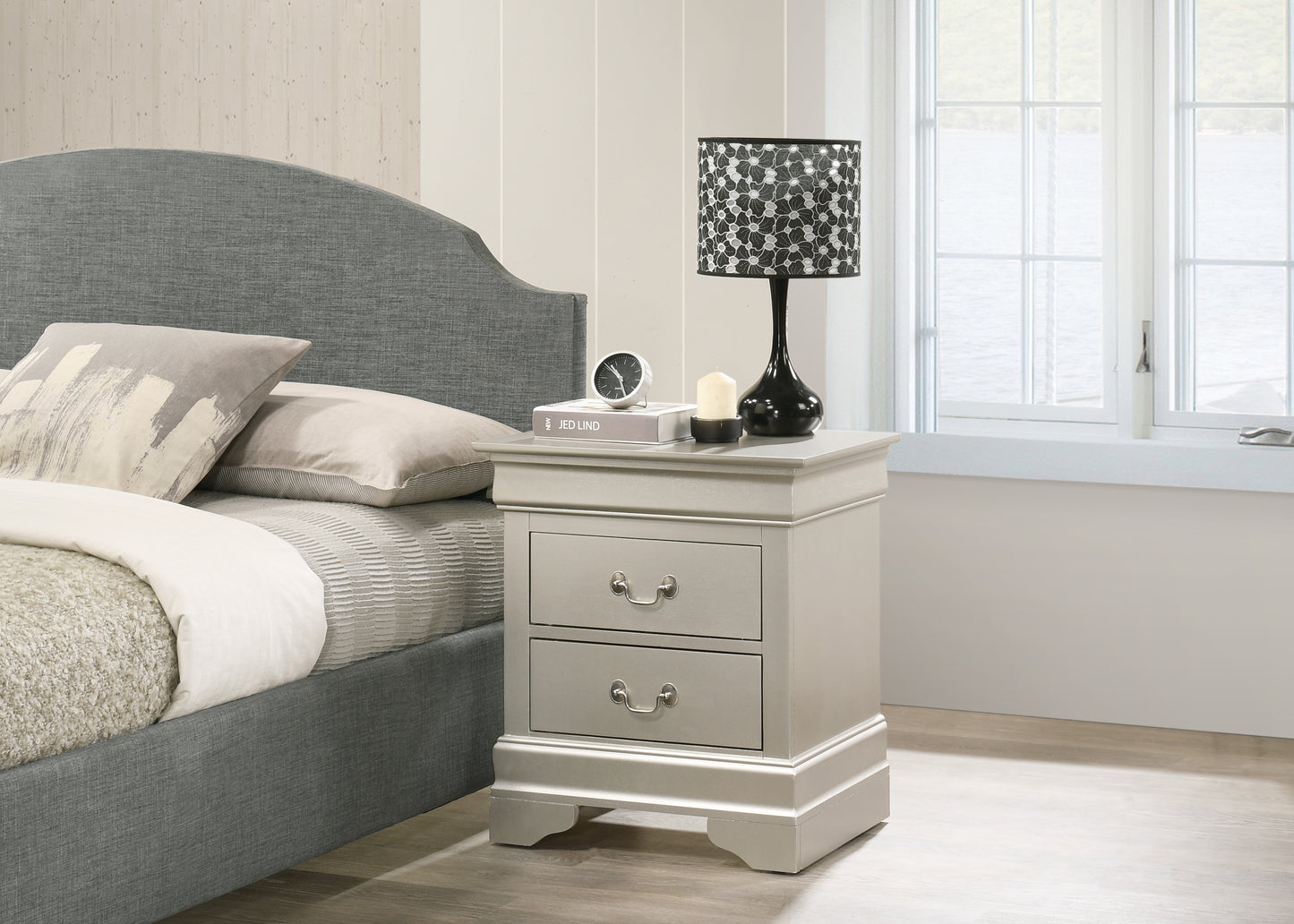 Elegant light grey twodrawer nightstand with polished hardware perfect for bedroom storage