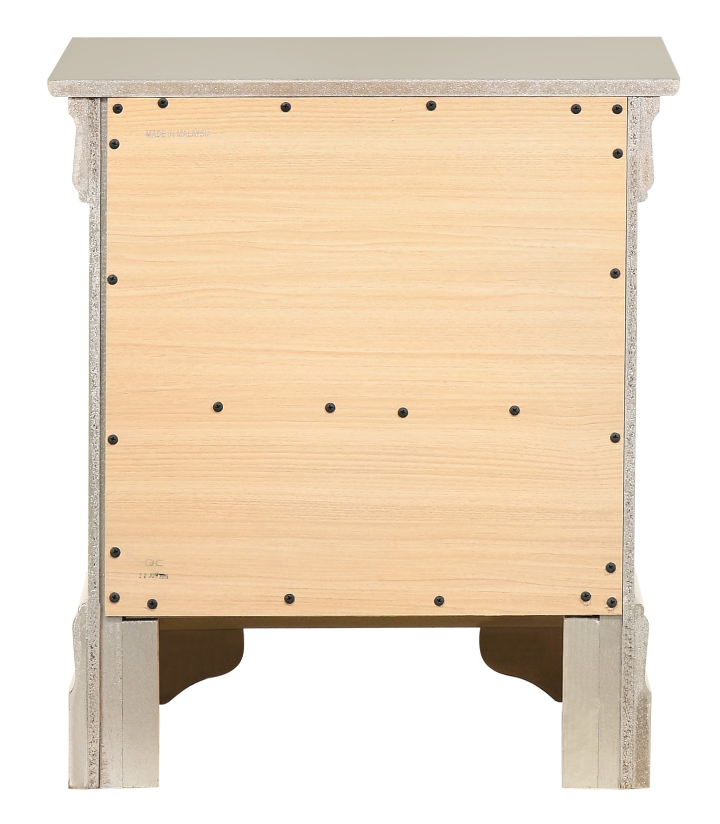 Back view of a light grey distressed bedside table with a natural wood panel and visible screws