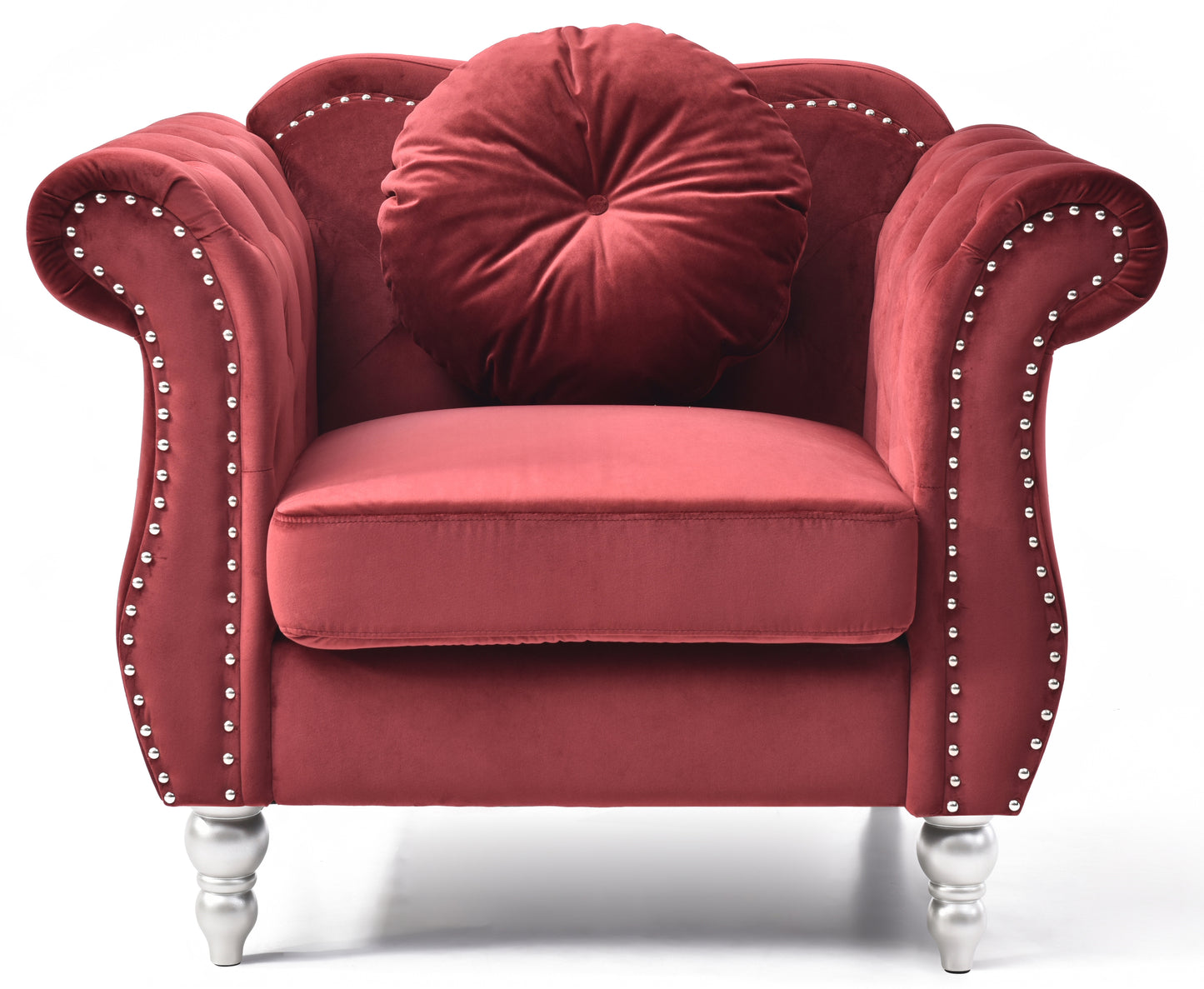 Deep red velvet armchair with silver nailhead trim and round cushion