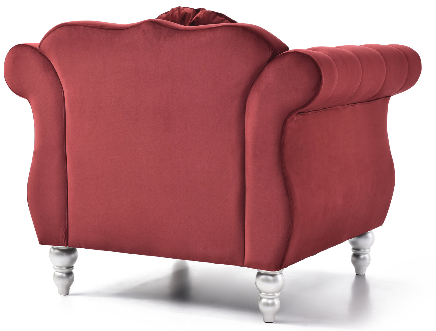 Crimson velvet armchair with tufted back and silver legs