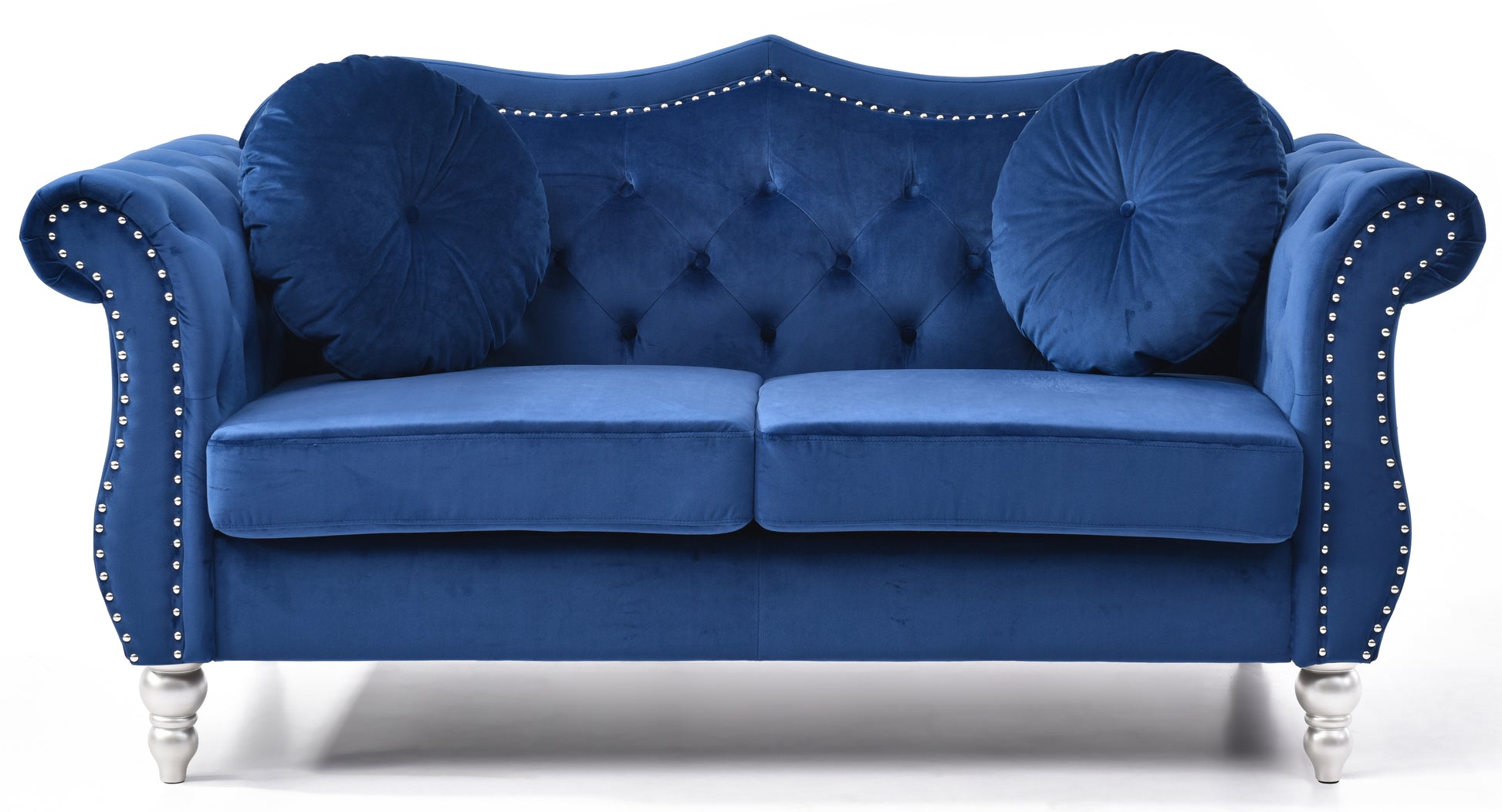 Elegant navy blue velvet sofa with crystal tufting and silver nailhead trim