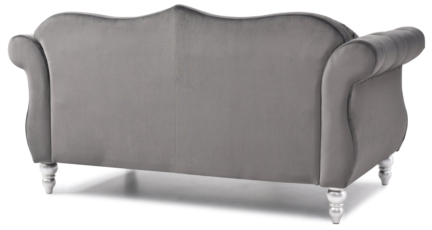 Gray velvet Chesterfield sofa tufted back and carved silver legs