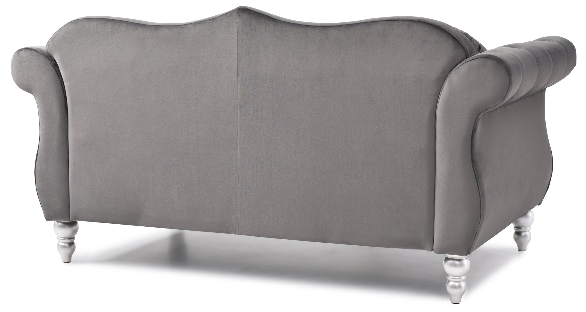 Gray velvet Chesterfield sofa tufted back and carved silver legs
