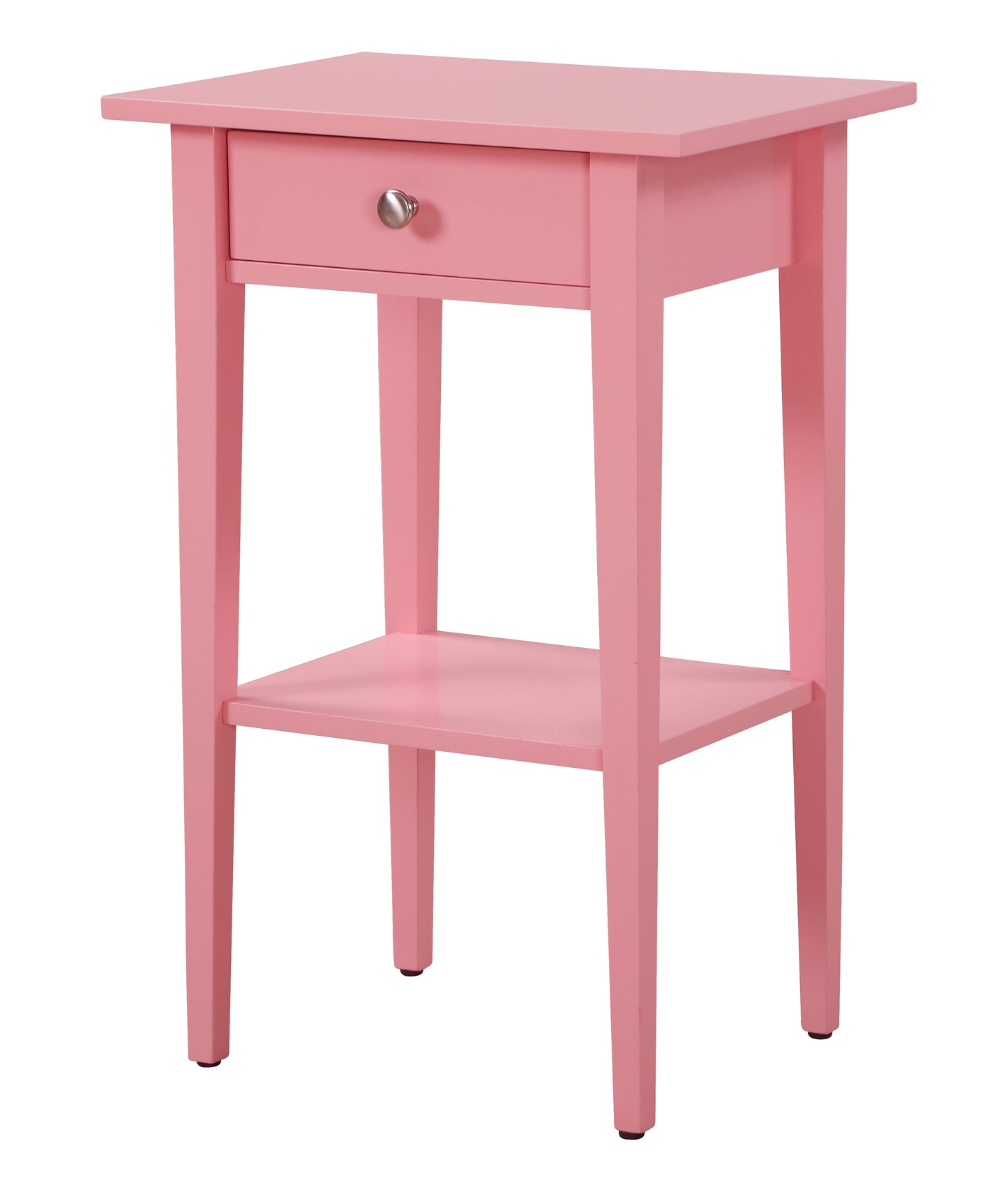 Pink bedside table with one drawer and a lower shelf