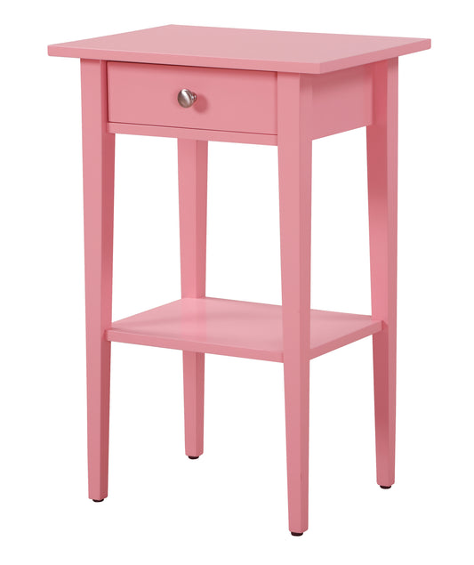Pink bedside table with one drawer and a lower shelf