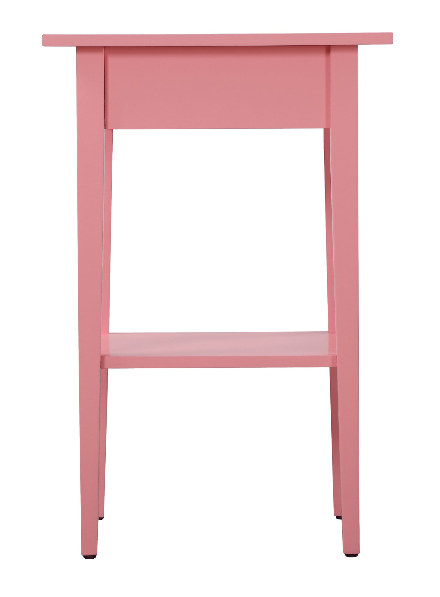 Pink accent table with a lower shelf and drawer perfect for a small living room