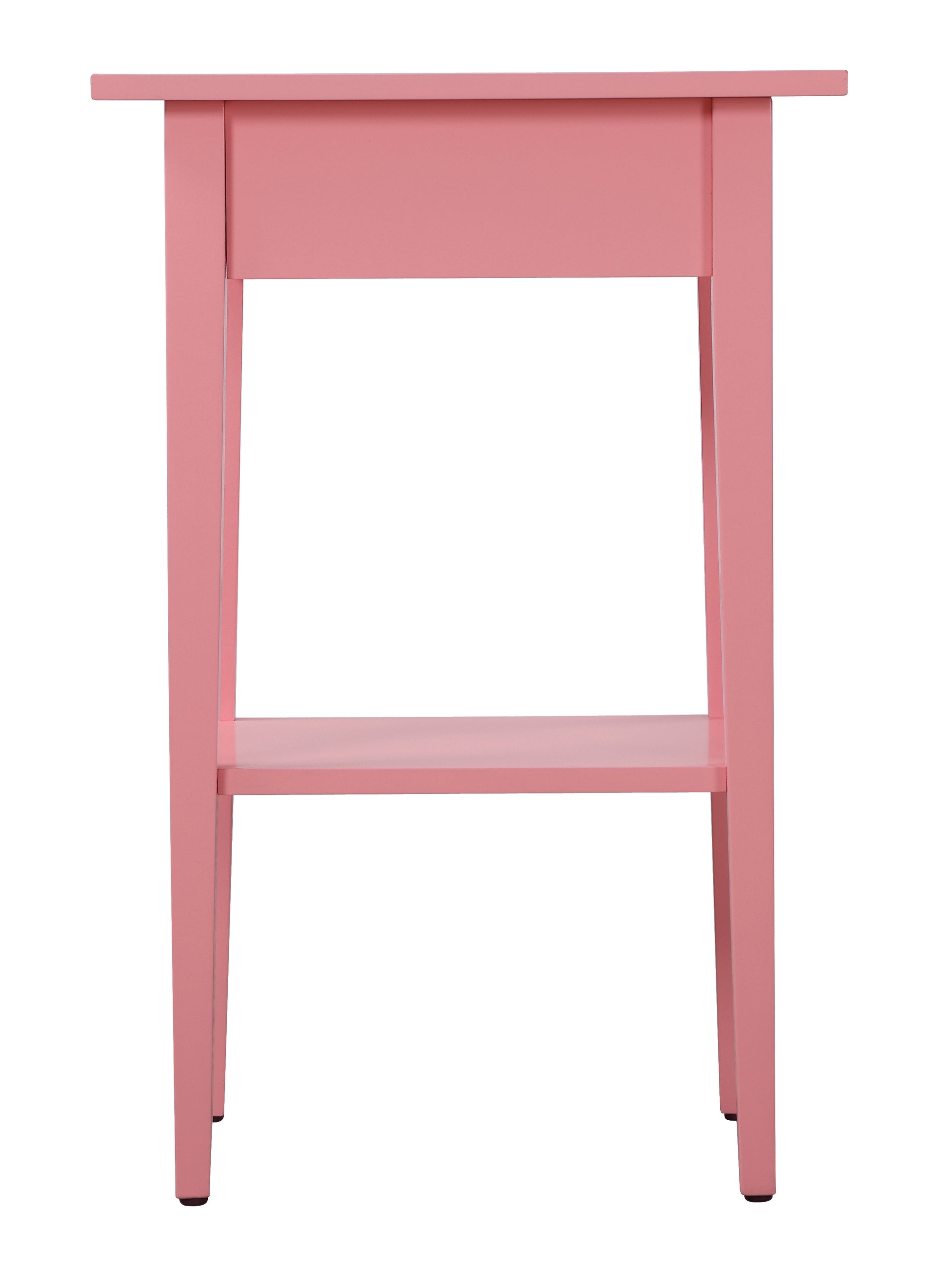 Pink accent table with a lower shelf and drawer perfect for a small living room