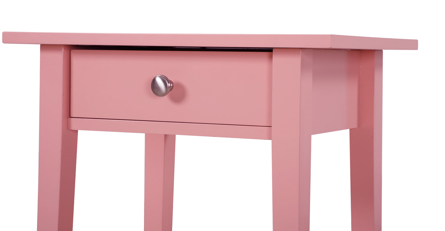 Pink end table with a silver knob on one drawer perfect for a bedroom