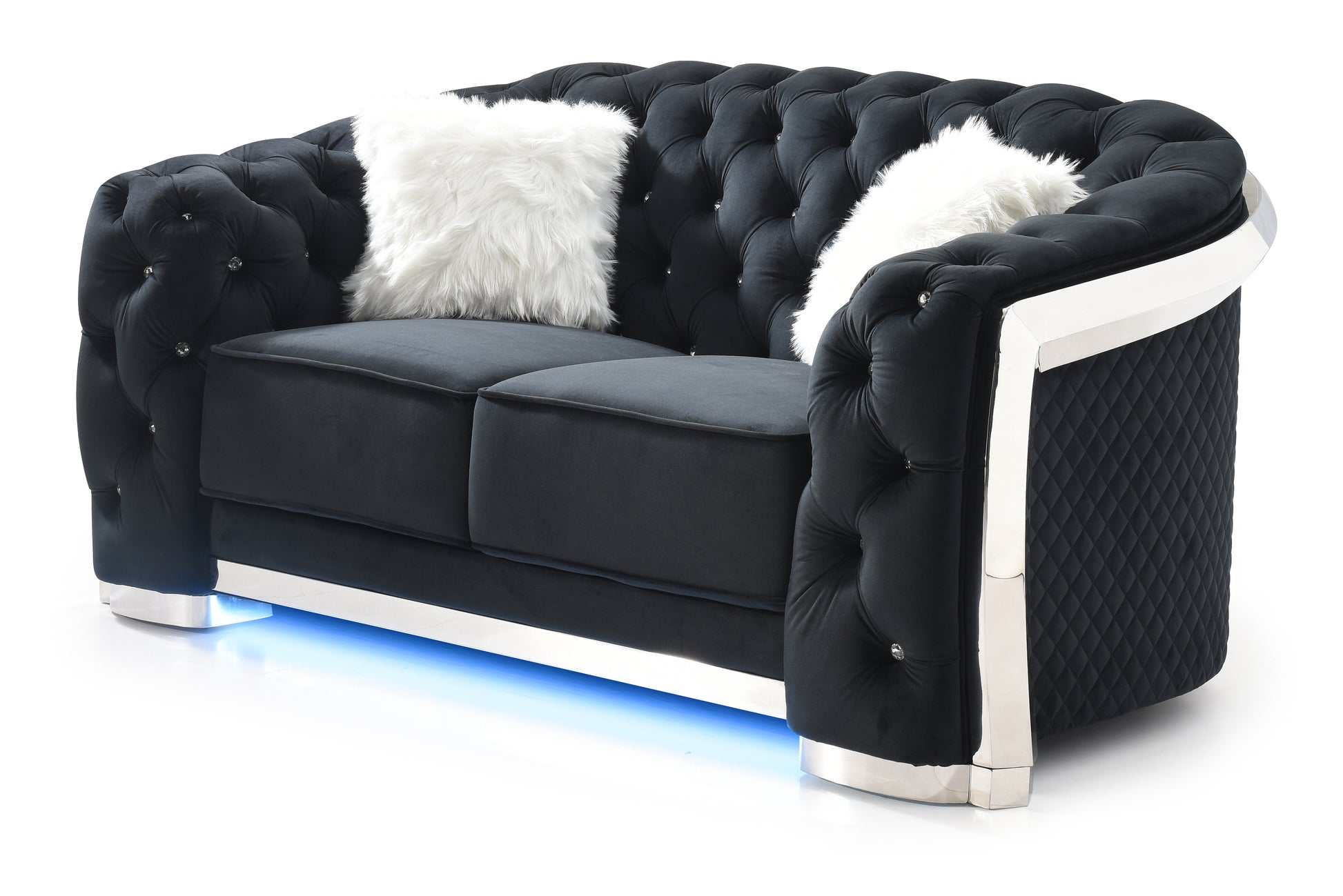Luxurious tufted black velvet loveseat with crystal accents and two white faux fur pillows