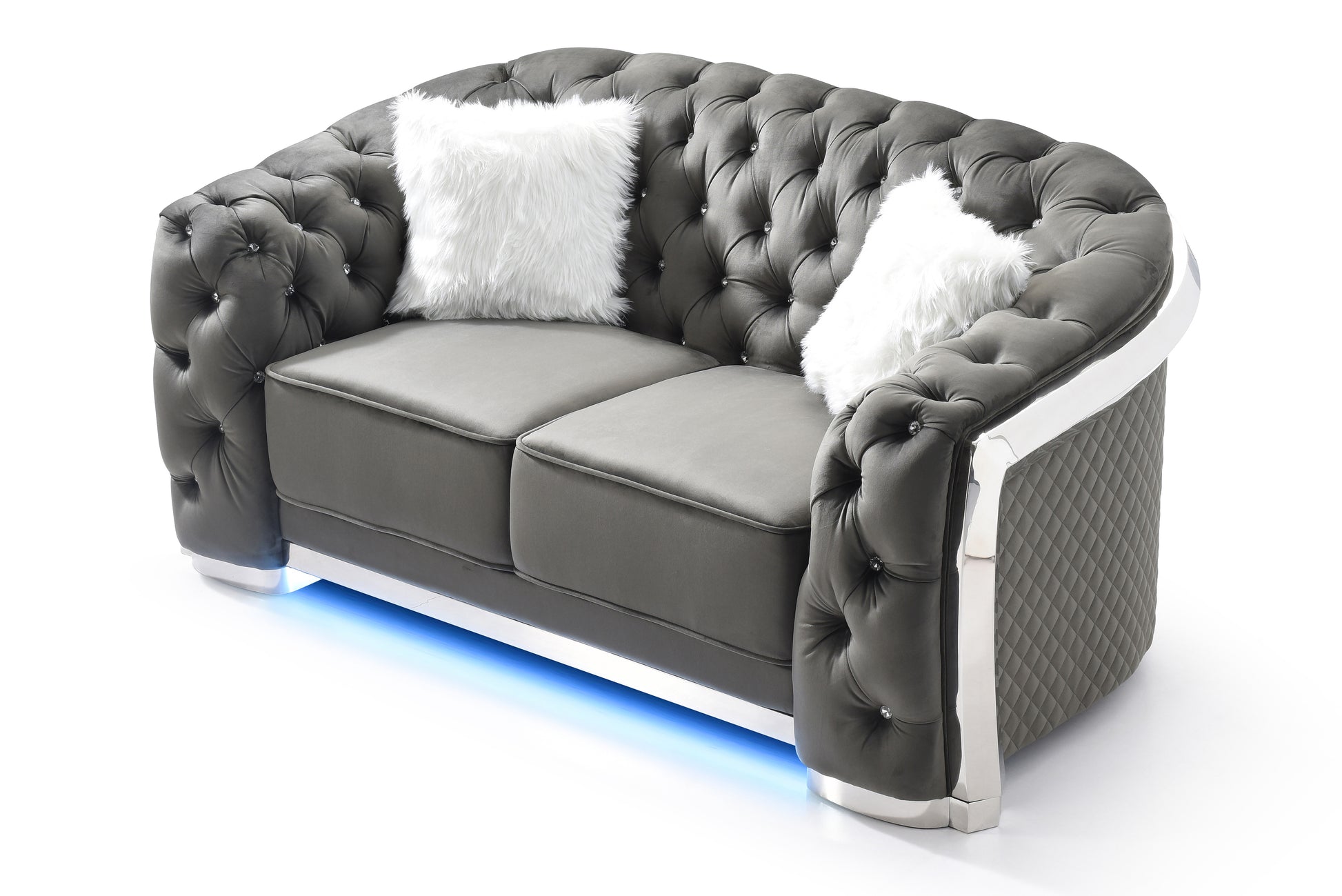 Gray velvet tufted sofa with crystal accents and LED base lighting