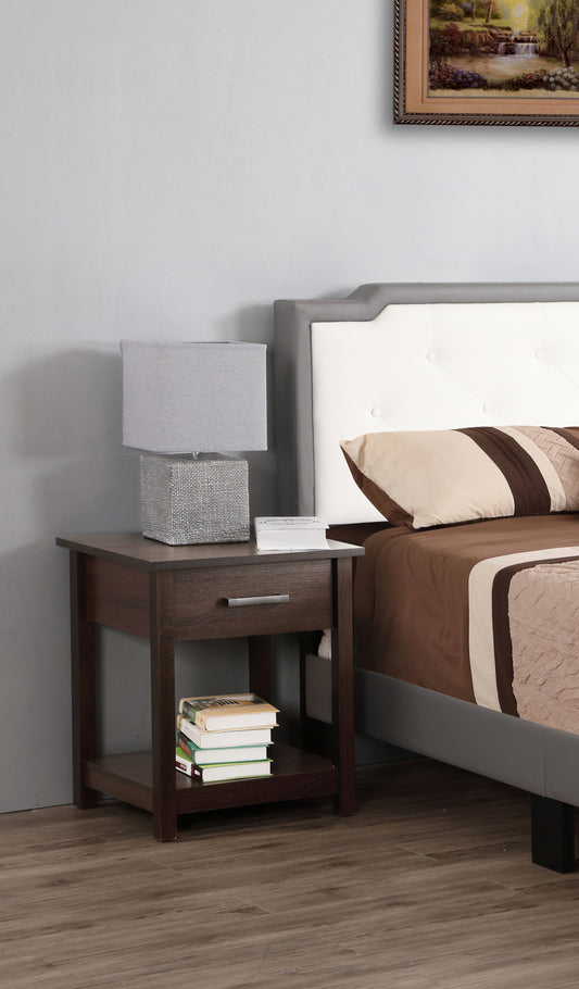 Brown wood bedside table with a lamp and books for bedroom decor