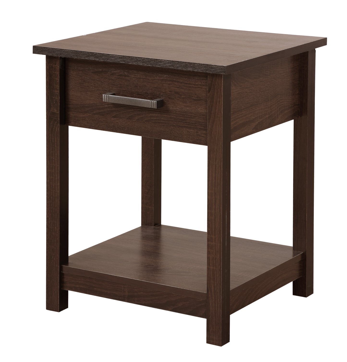 Dark brown wood end table with a single drawer and open shelf for storage