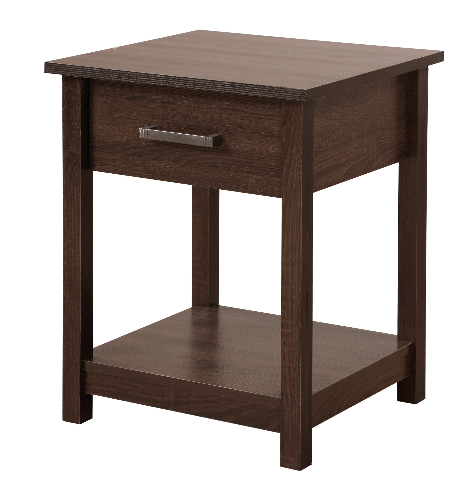 Dark brown wood end table with a single drawer and open shelf for storage