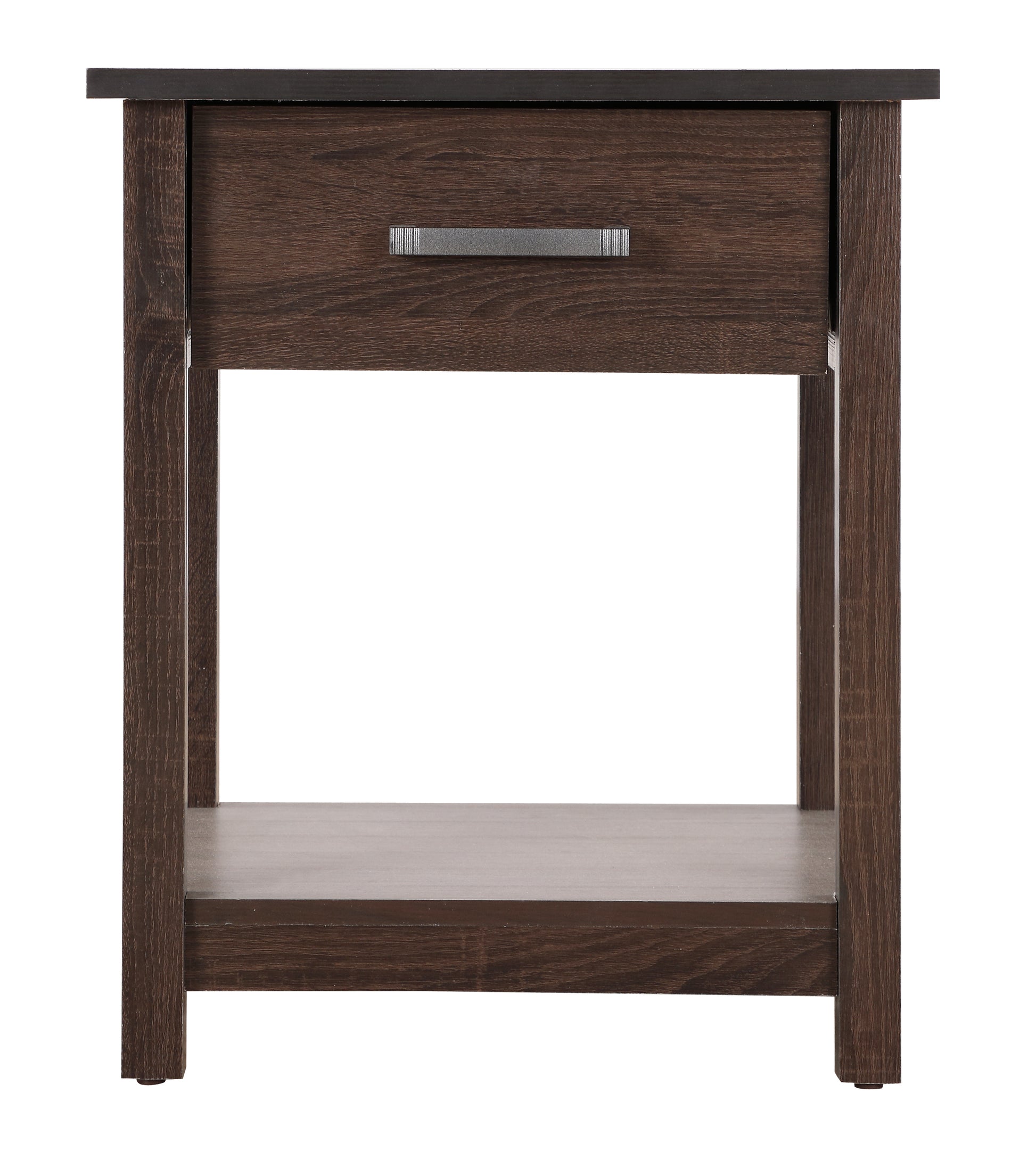 Dark wood grain bedside table with single drawer and open shelf