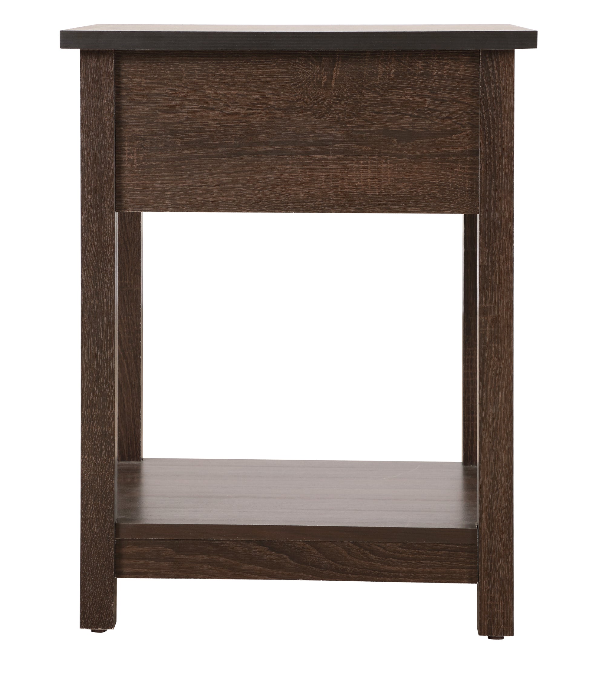 Dark brown wooden end table with open shelf and drawer