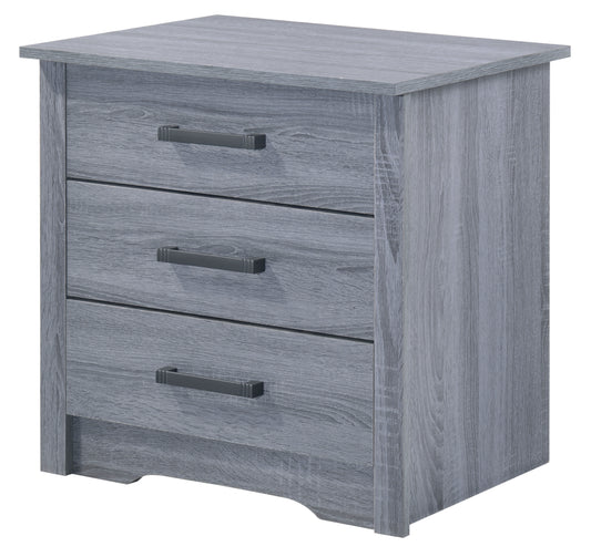 Gray wood grain bedside table with three drawers and dark metal handles