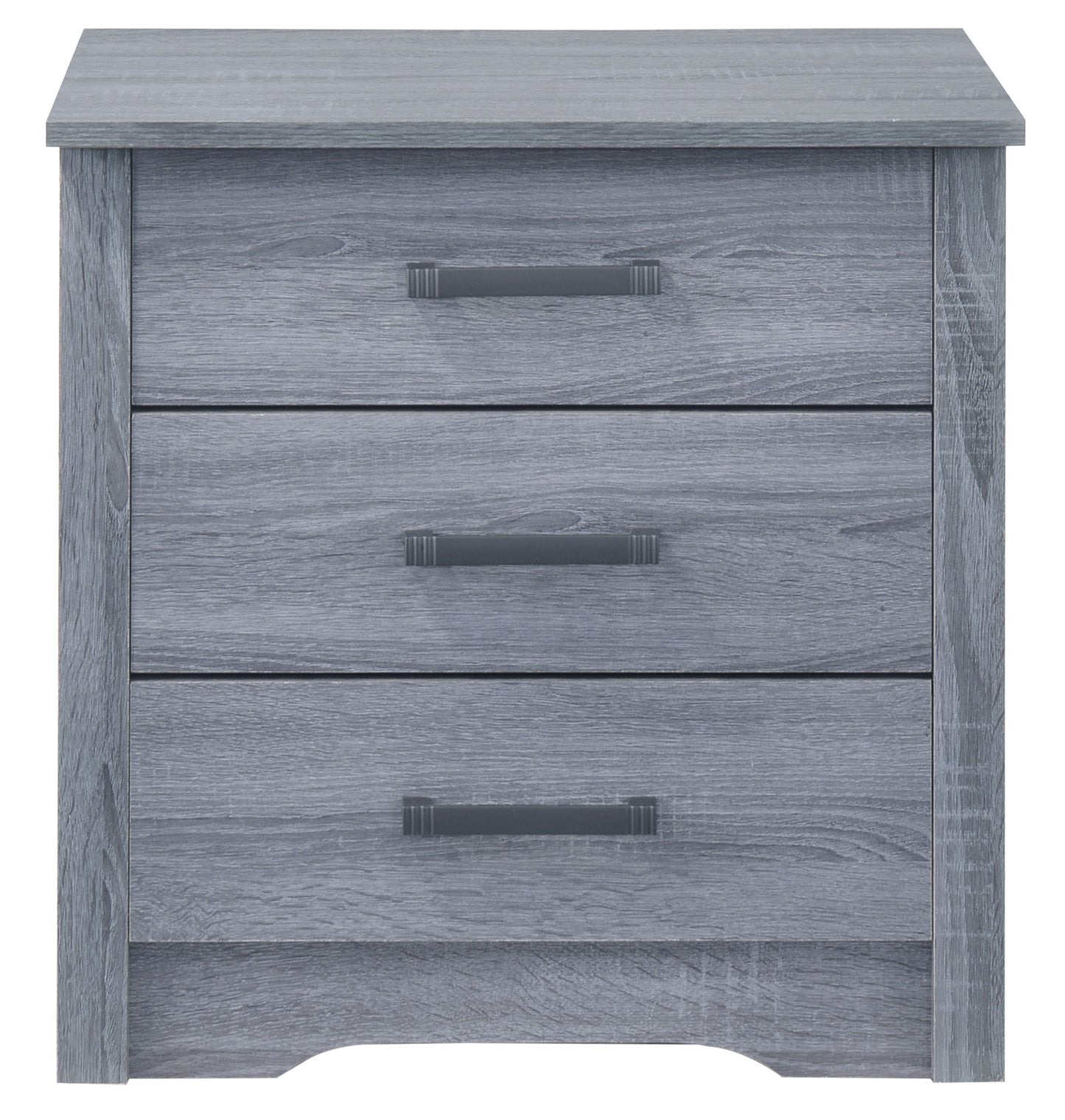 Gray distressed wood threedrawer nightstand with dark metal handles