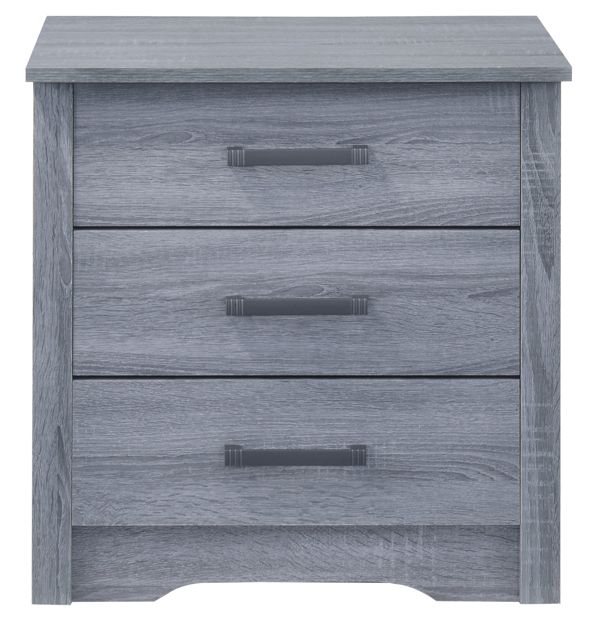 Gray distressed wood threedrawer nightstand with dark metal handles