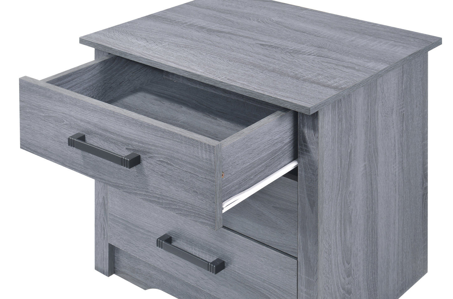 Modern grey wood nightstand with three drawers one open