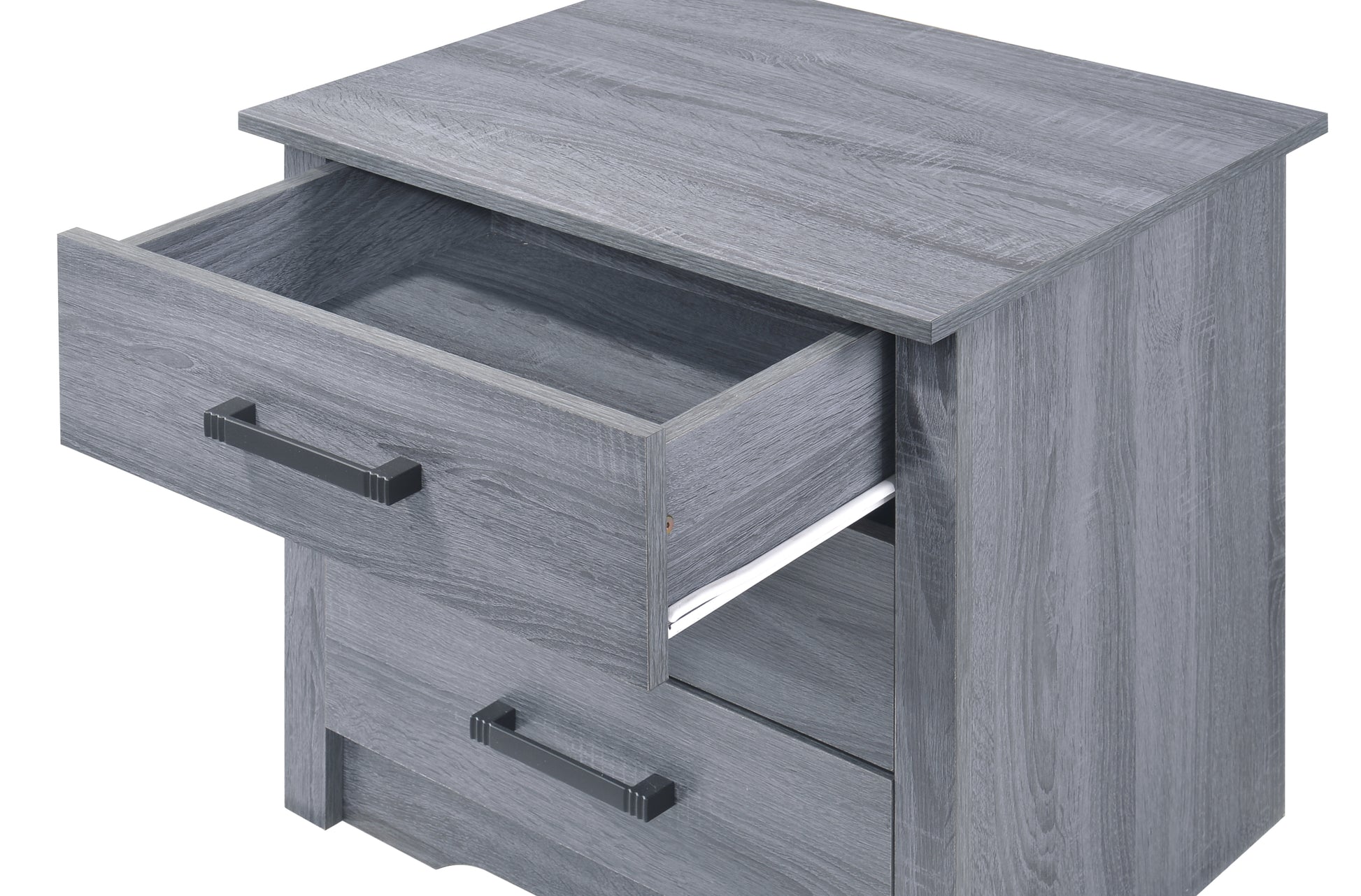 Modern grey wood nightstand with three drawers one open