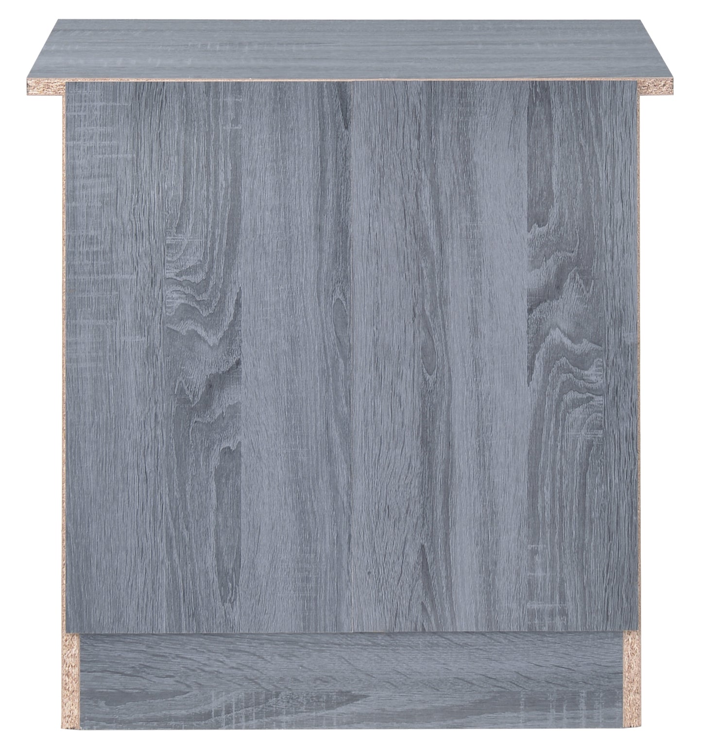 Grey wood effect cabinet side panel with visible particle board edge