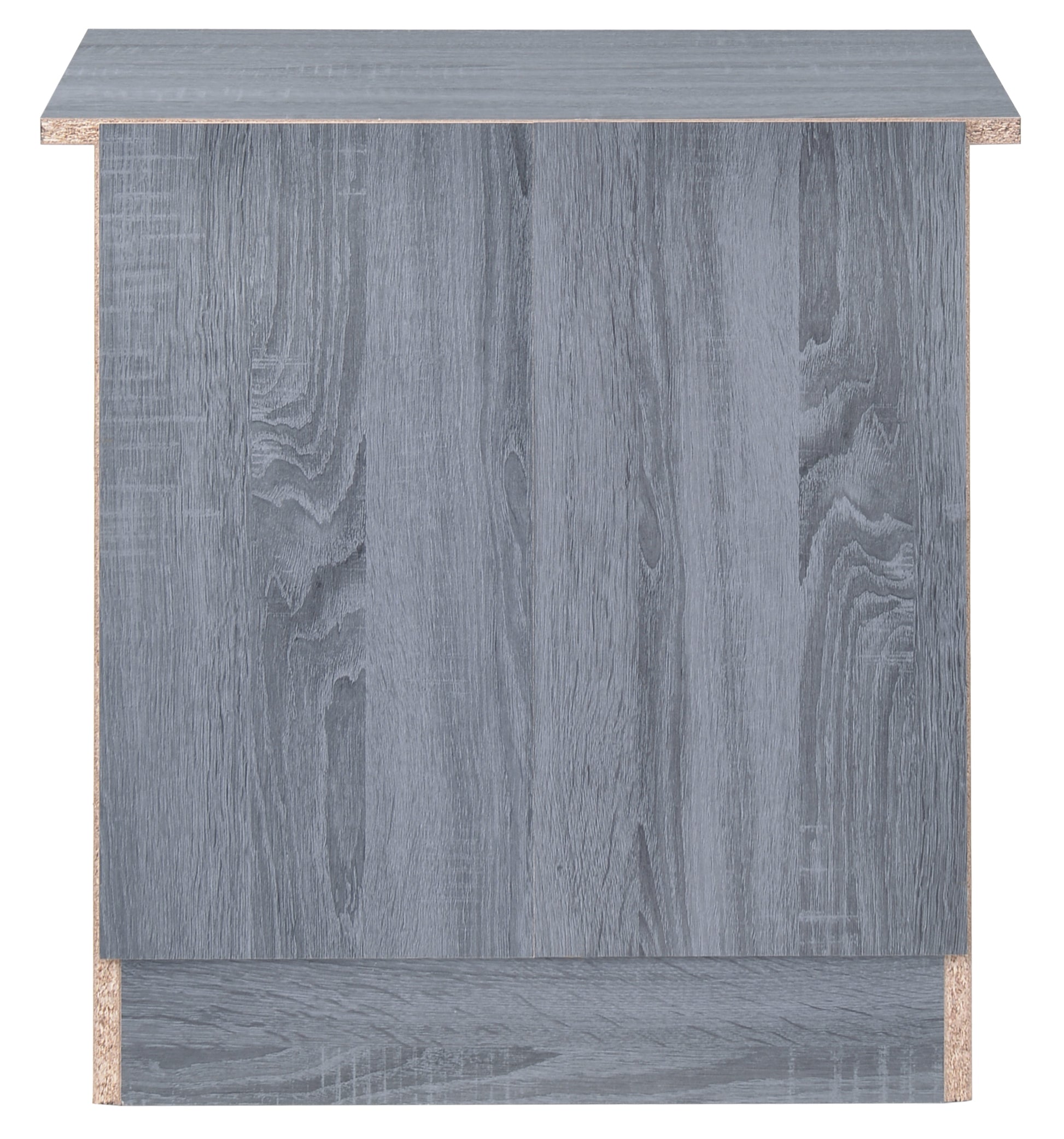 Grey wood effect cabinet side panel with visible particle board edge