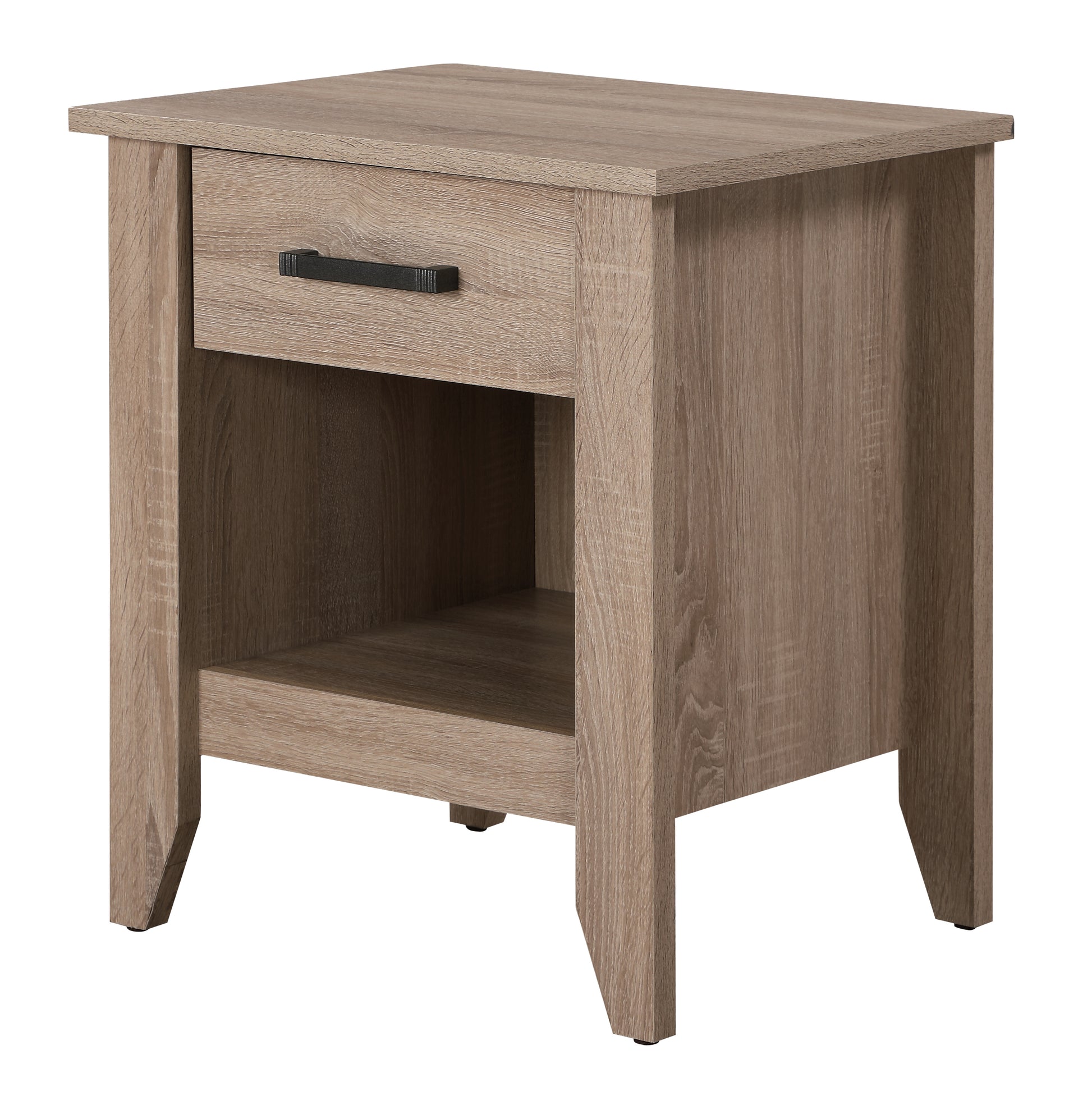 Rustic oak wood bedside table with one drawer and open shelf